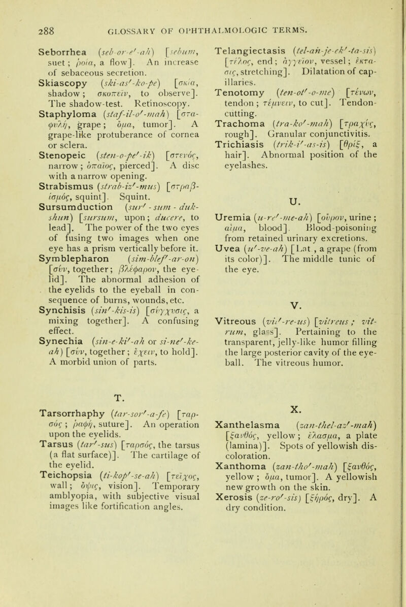 Seborrhea (seb-or-e'-ah) [sebum, suet; /'win, a flow]. An increase of sebaceous secretion. Skiascopy {ski-as*'-ko-pe) [<7/c/a, shadow ; onu-eiv, to observe]. The shadow-test. Retinoscopy. Staphyloma [staf-il-o''-niah) \_ara- fu/J/, grape; d/ua, tumor]. A grape-like protuberance of cornea or sclera. Stenopeic {sten-o-pe*'-ik) [oreror, narrow; oxa'tor, pierced]. A disc with a narrow opening. Strabismus {strab-iz'-nms) [(jTpa{3- iafioq, squint]. Squint. Sursumduction (surf - sum - duk- shuri) [sursum, upon; ducere, to lead]. The power of the two eyes of fusing two images when one eye has a prism vertically before it. Symblepharon (sim-blef'-a?--on) [ow, together; fi?J(j)apov, the eye- lid]. The abnormal adhesion of the eyelids to the eyeball in con- sequence of burns, wounds, etc. Synchisis (sinf-kis-is) \ovyxvaiq, a mixing together]. A confusing effect. Synechia [sin-e-kif-ah or si-nef-ke- ah) \_g'vv, together; ££fw, to hold]. A morbid union of parts. T. Tarsorrhaphy {tar-sor'-a-fe) \rap- auq ; pa<j)//, suture]. An operation upon the eyelids. Tarsus (tar'-sus) [rapoog, the tarsus (a flat surface)]. The cartilage of the eyelid. Teichopsia {ti-kop*'-se-ak) [re/^oc, wall; dij)t£, vision]. Temporary amblyopia, with subjective visual images like fortification angles. Telangiectasis [tel-ah-je-ek'-ta-sis \ [riAoc, end; ayyeiov, vessel; fktci- aig, stretching]. Dilatation of cap- illaries. Tenotomy {ten-of'-o-me) [rtvuv, tendon ; rejuvetv, to cut]. Tendon- cutting. Trachoma {ira-ko'-mah) [rpaxH, rough]. Granular conjunctivitis. Trichiasis [trik-i*-as-is) [fy>'5, a hair]. Abnormal position of the eyelashes. U. Uremia [u-ref-me-ah) \ohpov, urine ; aljua, blood]. Blood-poisoning from retained urinary excretions. Uvea [u'-ve-ah) [Lnt , a grape (from its color)]. The middle tunic of the eye. V. Vitreous {vid-re-us) [vitreus ; vit- rum, gla^s]. Pertaining to the transparent, jelly-like humor filling the large posterior cavity of the eye- ball. The vitreous humor. X. Xanthelasma {zan-thel-az'-mah) [£ai>0dc, yellow; tAaG/ua, a plate (lamina)]. Spots of yellowish dis- coloration. Xanthoma [zan-tho*'-mah) ^avdoq, yellow ; djua, tumor]. A yellowish new growth on the skin. Xerosis {ze-ro'-sis) [f//poc, dry]. A dry condition.