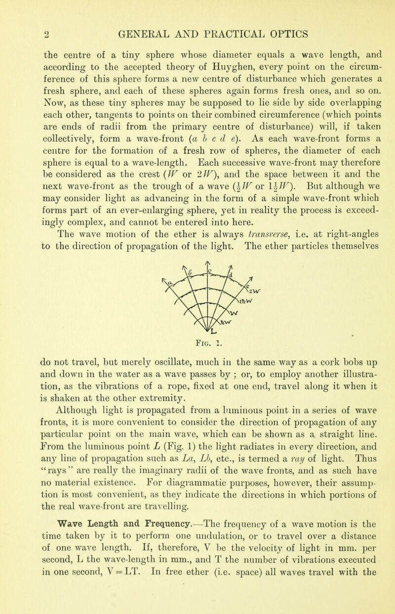 the centre of a tiny sphere whose diameter equals a wave length, and according to the accepted theory of Huyghen, every point on the circum- ference of this sphere forms a new centre of disturbance which generates a fresh sphere, and each of these spheres again forms fresh ones, and so on. Now, as these tiny spheres' may be supposed to lie side by side overlapping each other, tangents to points on their combined circumference (which points are ends of radii from the primary centre of disturbance) will, if taken collectively, form a wave-front {a h c d e). As each wave-front forms a centre for the formation of a fresh row of spheres, the diameter of each sphere is equal to a wave-length. Each successive wave-front may therefore be considered as the crest {TF or 2^F), and the space between it and the next wave-front as the trough of a wave (J/For l^W). But although we may consider light as advancing in the form of a simple wave-front which forms part of an ever-enlarging sphere, yet in reality the process is exceed- ingly complex, and cannot be entered into here. The wave motion of the ether is always transverse^ i.e. at right-angles to the direction of propagation of the light. The ether particles themselves li Fig. 1. do not travel, but merely oscillate, much in the same way as a cork bobs up and down in the water as a wave passes by ; or, to employ another illustra- tion, as the vibrations of a rope, fixed at one end, travel along it when it is shaken at the other extremity. Although light is propagated from a luminous point in a series of wave fronts, it is more convenient to consider the direction of propagation of any particular point on the main wave, which can be shown as a straight line. From the luminous point L (Fig. 1) the light radiates in every direction, and any line of propagation such as La, Lh, etc., is termed a ray of light. Thus rays are really the imaginary radii of the wave fronts, and as such have no material existence. For diagrammatic purposes, however, their assump- tion is most convenient, as they indicate the directions in which portions of the real wave-front are travelling. Wave Length and Frequency.—The frequency of a wave motion is the time taken by it to perform one undulation, or to travel over a distance of one wave length. If, therefore, V be the velocity of light in mm. per second, L the wave-length in mm., and T the number of vibrations executed in one second, V = LT. In free ether (i.e. space) all waves travel with the