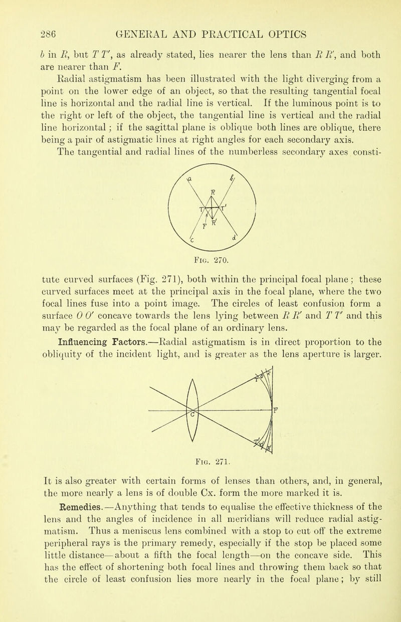 h in Pi, but T T\ as already stated, lies nearer the lens than B R', and both are nearer than F. Radial astigmatism has been illustrated with the light diverging from a point on the lower edge of an object, so that the resulting tangential focal line is horizontal and the radial line is vertical. If the luminous point is to the right or left of the object, the tangential line is vertical and the radial line horizontal; if the sagittal plane is oblique both lines are oblique, there being a pair of astigmatic lines at right angles for each secondary axis. The tangential and radial lines of the numberless secondary axes consti- FiG. 270. tute curved surfaces (Fig. 271), both within the principal focal plane; these curved surfaces meet at the principal axis in the focal plane, where the two focal lines fuse into a point image. The circles of least confusion form a surface 0 0' concave towards the lens lying between R R' and T V and this may be regarded as the focal plane of an ordinary lens. Influencing Factors.—Radial astigmatism is in direct proportion to the obliquity of the incident light, and is greater as the lens aperture is larger. Fig. 271. It is also greater with certain forms of lenses than others, and, in general, the more nearly a lens is of double Cx. form the more marked it is. Remedies.—Anything that tends to equalise the effective thickness of the lens and the angles of incidence in all meridians will reduce radial astig- matism. Thus a meniscus lens combined with a stop to cut off the extreme peripheral rays is the primary remedy, especially if the stop be placed some little distance—about a fifth the focal length—on the concave side. This has the effect of shortening both focal lines and throwing them back so that the circle of least confusion lies more nearly in the foca] plane; by still