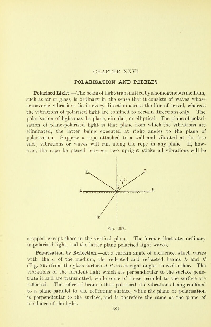 POLARISATION AND PEBBLES Polarised Light.—The beam of light transmitted by a homogeneous medium, such as air or glass, is ordinary in the sense that it consists of waves whose transverse vibrations lie in every direction across the line of travel, whereas the vibrations of polarised light are confined to certain directions only. The polarisation of light may be plane, circular, or elliptical. The plane of polari- sation of plane-polarised light is that plane from which the vibrations are eliminated, the latter being executed at right angles to the plane of polarisation. Suppose a rope attached to a wall and vibrated at the free end ; vibrations or waves will run along the rope in any plane. If, how- ever, the rope be passed between two upright sticks all vibrations will be Fig. 297. stopped except those in the vertical plane. The former illustrates ordinary unpolarised light, and the latter plane polarised light waves. Polarisation by Reflection.—At a certain angle of incidence, which varies with the /X of the medium, the reflected and refracted beams L and R (Fig. 297) from the glass surface A B are at right angles to each other. The vibrations of the incident light which are perpendicular to the surface pene- trate it and are transmitted, while some of those parallel to the surface are reflected. The reflected beam is thus polarised, the vibrations being confined to a plane parallel to the reflecting surface, while the plane of polarisation is perpendicular to the surface, and is therefore the same as the plane of incidence of the light.