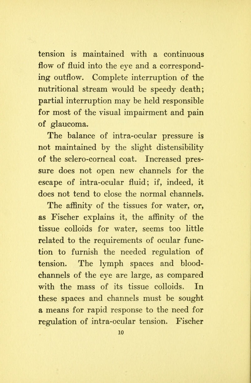 tension is maintained with a continuous flow of fluid into the eye and a correspond- ing outflow. Complete interruption of the nutritional stream would be speedy death; partial interruption may be held responsible for most of the visual impairment and pain of glaucoma. The balance of intra-ocular pressure is not maintained by the slight distensibility of the sclero-corneal coat. Increased pres- sure does not open new channels for the escape of intra-ocular fluid; if, indeed, it does not tend to close the normal channels. The affinity of the tissues for water, or, as Fischer explains it, the affinity of the tissue colloids for water, seems too little related to the requirements of ocular func- tion to furnish the needed regulation of tension. The lymph spaces and blood- channels of the eye are large, as compared with the mass of its tissue colloids. In these spaces and channels must be sought a means for rapid response to the need for regulation of intra-ocular tension. Fischer