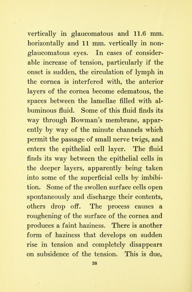 vertically in glaucomatous and 11.6 mm. horizontally and 11 mm. vertically in non- glaucomatous eyes. In cases of consider- able increase of tension, particularly if the onset is sudden, the circulation of lymph in the cornea is interfered with, the anterior layers of the cornea become edematous, the spaces between the lamellae filled with al- buminous fluid. Some of this fluid finds its way through Bowman's membrane, appar- ently by way of the minute channels which permit the passage of small nerve twigs, and enters the epithelial cell layer. The fluid finds its way between the epithelial cells in the deeper layers, apparently being taken into some of the superficial cells by imbibi- tion. Some of the swollen surface cells open spontaneously and discharge their contents, others drop off. The process causes a roughening of the surface of the cornea and produces a faint haziness. There is another form of haziness that develops on sudden rise in tension and completely disappears on subsidence of the tension. This is due,