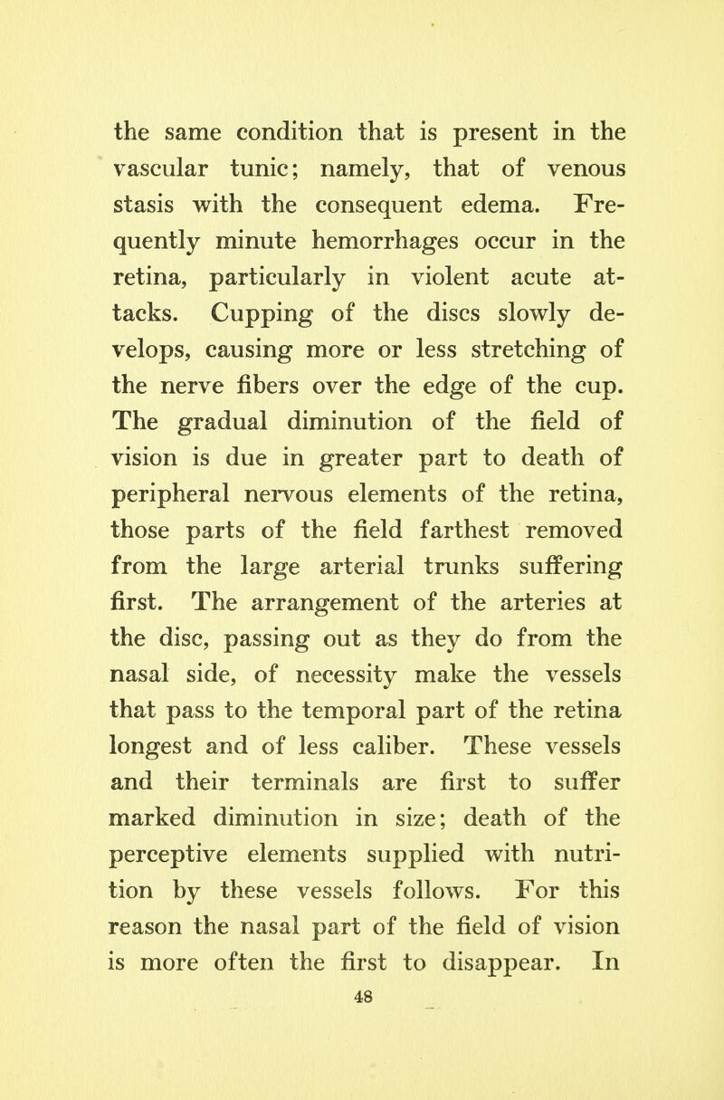 the same condition that is present in the vascular tunic; namely, that of venous stasis with the consequent edema. Fre- quently minute hemorrhages occur in the retina, particularly in violent acute at- tacks. Cupping of the discs slowly de- velops, causing more or less stretching of the nerve fibers over the edge of the cup. The gradual diminution of the field of vision is due in greater part to death of peripheral nervous elements of the retina, those parts of the field farthest removed from the large arterial trunks suffering first. The arrangement of the arteries at the disc, passing out as they do from the nasal side, of necessity make the vessels that pass to the temporal part of the retina longest and of less caliber. These vessels and their terminals are first to suffer marked diminution in size; death of the perceptive elements supplied with nutri- tion by these vessels follows. For this reason the nasal part of the field of vision is more often the first to disappear. In