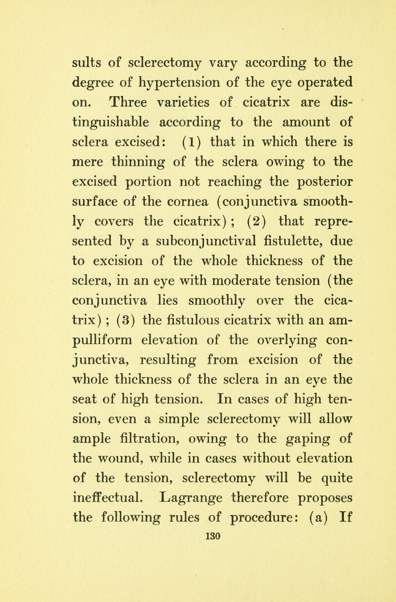 suits of sclerectomy vary according to the degree of hypertension of the eye operated on. Three varieties of cicatrix are dis- tinguishable according to the amount of sclera excised: (1) that in which there is mere thinning of the sclera owing to the excised portion not reaching the posterior surface of the cornea (conjunctiva smooth- ly covers the cicatrix) ; (2) that repre- sented by a subconjunctival fistulette, due to excision of the whole thickness of the sclera, in an eye with moderate tension (the conjunctiva lies smoothly over the cica- trix) ; (3) the fistulous cicatrix with an am- pulliform elevation of the overlying con- junctiva, resulting from excision of the whole thickness of the sclera in an eye the seat of high tension. In cases of high ten- sion, even a simple sclerectomy will allow ample filtration, owing to the gaping of the wound, while in cases without elevation of the tension, sclerectomy will be quite ineffectual. Lagrange therefore proposes the following rules of procedure: (a) If