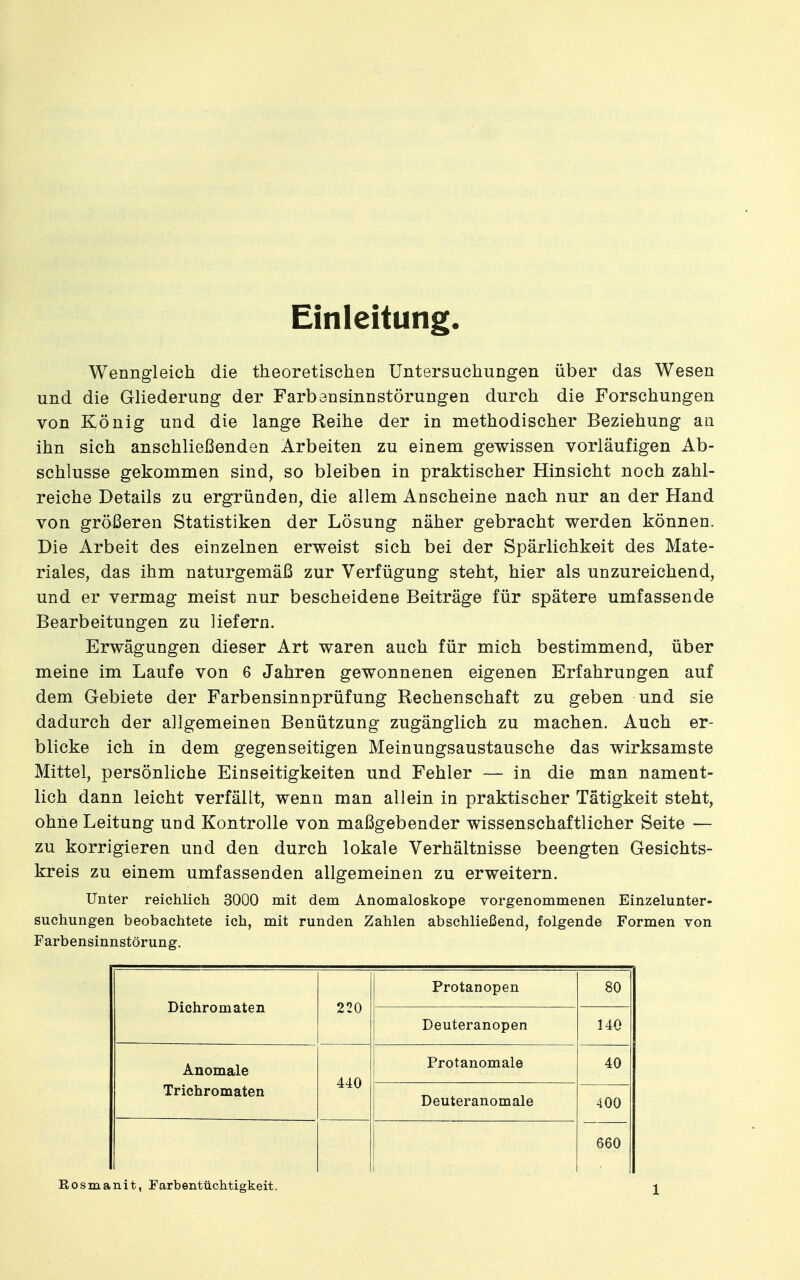 Einleitung Wenngleich die theoretischen Untersuchungen über das Wesen und die Gliederung der Farbansinnstörungen durch die Forschungen von König und die lange Reihe der in methodischer Beziehung an ihn sich anschließenden Arbeiten zu einem gewissen vorläufigen Ab- schlüsse gekommen sind, so bleiben in praktischer Hinsicht noch zahl- reiche Details zu ergründen, die allem Anscheine nach nur an der Hand von größeren Statistiken der Lösung näher gebracht werden können. Die Arbeit des einzelnen erweist sich bei der Spärlichkeit des Mate- riales, das ihm naturgemäß zur Verfügung steht, hier als unzureichend, und er vermag meist nur bescheidene Beiträge für spätere umfassende Bearbeitungen zu liefern. Erwägungen dieser Art waren auch für mich bestimmend, über meine im Laufe von 6 Jahren gewonnenen eigenen Erfahrungen auf dem Gebiete der Farbensinnprüfung Rechenschaft zu geben und sie dadurch der allgemeinen Benützung zugänglich zu machen. Auch er- blicke ich in dem gegenseitigen Meinungsaustausche das wirksamste Mittel, persönliche Einseitigkeiten und Fehler — in die man nament- lich dann leicht verfällt, wenn man allein in praktischer Tätigkeit steht, ohne Leitung und Kontrolle von maßgebender wissenschaftlicher Seite — zu korrigieren und den durch lokale Verhältnisse beengten Gesichts- kreis zu einem umfassenden allgemeinen zu erweitern. Unter reichlich 3000 mit dem Anomaloskope vorgenommenen Einzelunter- suchungen beobachtete ich, mit runden Zahlen abschließend, folgende Formen von Farbensinnstörung. Dichromaten 220 Protanopen 80 Deuteranopen 140 Anomale 440 Protanomale 40 Trichromaten Deuteranomale 400 1 660 Eosmanit, Farbentüchtigkeit.