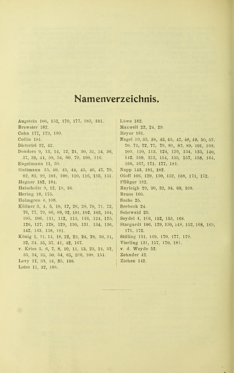 Namenverzeichnis Augsteiii lOG, 152, 170, 177, 180, 181. Brewster 182. Cohn 177, 17<), 180. Collin 181. Dieterici 22, 42. Donders 9, 13, 14, 22, 24, .^0, 31, 34, 36, 37, 38, 44, 50, 54, 00, 79, 108, IIG. Engelmann 11, 30. Guttmann 35, 40, 43, 44, 45, 46, 47, 79, 82, 83, 99, 101, 109', HO, 116, 135, 151. Hegner 182, 184. Helmholtz 9, 12, 18, 36. Hering 18, 175. Holmgren 6, 108. Köllner 3, 4, 5, 10, 12, 26, 28, 70, 71. 72, 76, 77, 79, 86, 89, 92, 101, 102, 103, 104, 105, 106, III, 112, 113, 116, 124, 125, 126, 127, 128, 129, 130, 131. 134, 136, 142, 143, 158, 181. König 1, 11, 14, 18, 22, 23, 24, 28, 30, 31, 32, 34, 35, 37. 41, 42, 167. V. Kries 3, 6, 7, 8, 10, 11, 13, 23, 21, 32, 33, 34, 35, 50, 54, 65, ICO, lOS. 151. Levy 11, 33, 34, 35, 108. Lotze 11, 32, 108. Löwe 182. I Maxwell 22, 24, 29. ! Meyer 181. I Nagel 19, 35, 38, 43, 45, 47, 48, 49, 50, 52, 70, 71, 72, 77, 79, 81, 82, 89, 101, 108, s 109, 110, 113, 124, 129, 134, 135, 140, 142, 150, 153, 154, 155, 157, 158, 164, I 166, 167, 171, 177, 181. I Napp 143, 181, 182. I Oloff 106, 129, 1.S0, 152, 168, 171, 172. ! Pflüger 182. Rayleigh 29, 30, 32, 34, 69, 108. Reuss 160. Sachs 25, Seebeck 24. Sehrwald 20. Seydel 4, 1C6, 152, 153, 168. Stargardt 106, 129, 130, 148, 152, 168, 169, 171, 172. Stilling 131, 169, 170, 177, 179. Vierling 131, 157, 170, 181. V. d. Weyde 52. Zehnder 42. I Ziehen 142.