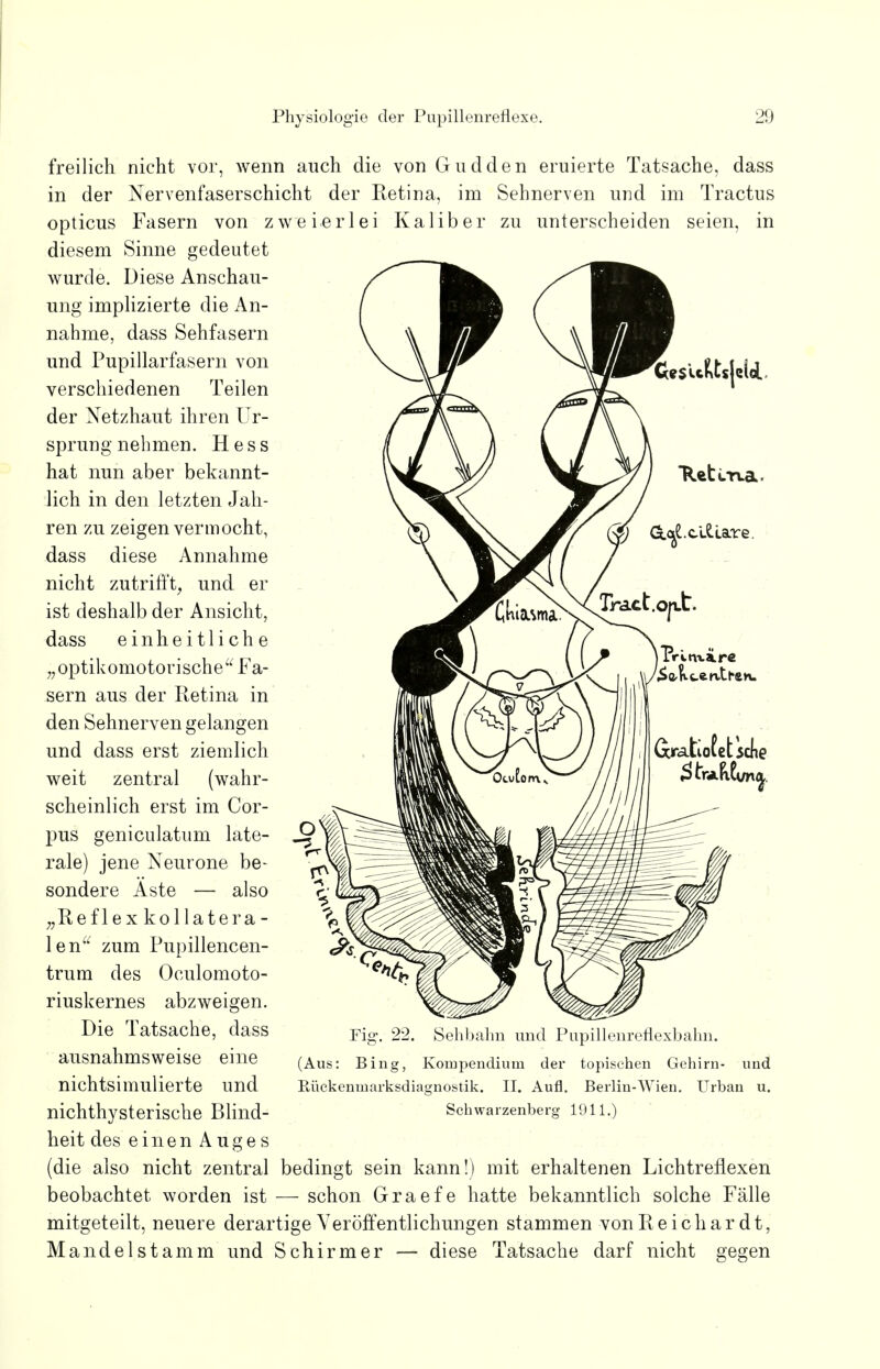 freilich nicht vor, wenn auch die von Gudden eruierte Tatsache, dass in der Nervenfaserschicht der Retina, im Sehnerven und im Tractus opticus Fasern von zweierlei Kaliber zu unterscheiden seien, in diesem Sinne gedeutet wurde. Diese Anschau- ung implizierte die An- nahme, dass Sehfasern und Pupillarfasern von verschiedenen Teilen der Netzhaut ihren Ur- sprung nehmen. Hess hat nun aber bekannt- lich in den letzten Jah- ren zu zeigen vermocht, dass diese Annahme nicht zutrifft, und er ist deshalb der Ansicht, dass einheitliche „optikomotorische Fa- sern aus der Retina in den Sehnerven gelangen und dass erst ziemlich weit zentral (wahr- scheinlich erst im Cor- pus geniculatum late- rale) jene Neurone be- sondere Aste — also „Reflex kollatera- lena zum Pupillencen- trum des Oculomoto- riuskernes abzweigen. Die Tatsache, dass ausnahmsweise eine nichtsimulierte und nichthysterische Blind- heit des einen Auges (die also nicht zentral bedingt sein kann!) mit erhaltenen Lichtreflexen beobachtet worden ist — schon Graefe hatte bekanntlich solche Fälle mitgeteilt, neuere derartige Veröffentlichungen stammen von Reichar dt, Mandel stamm und Schirmer — diese Tatsache darf nicht gegen Fi< 99 (Aus: Bing, Sehbalm und Pupillenreflexbahn. Kompendium der topischen Gehirn- und Urban u. Sehwarzenberg 1911.) Rückenmarksdiagnostik. II. Aufl. Berlin-Wien