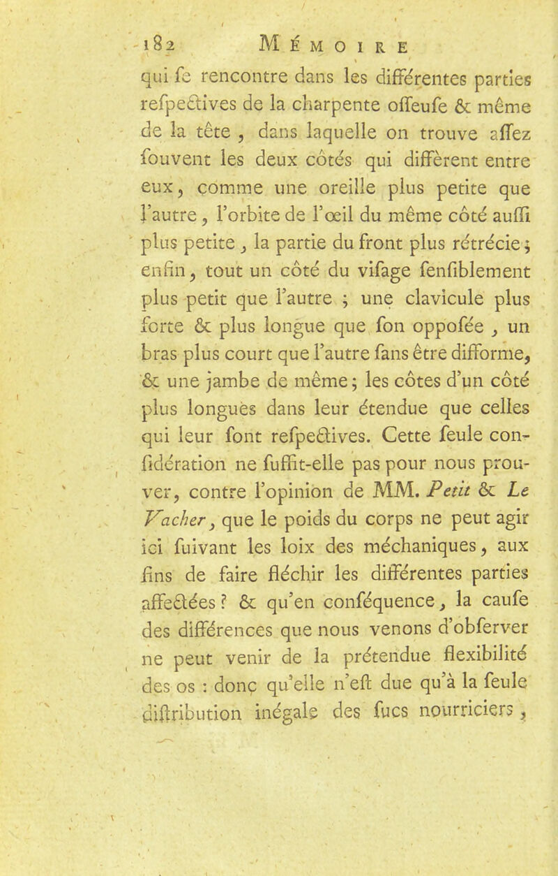 qui fc rencontre dans les différentes parties refpe&ives de la charpente offeufe & même de la tête , dans laquelle on trouve affez fouvent les deux cotés qui diffèrent entre eux, comme une oreille plus petite que l'autre, l'orbite de l'œil du même côté aufïi plus petite } la partie du front plus rétrécie ; enfin, tout un côté du vifage fenfiblement plus petit que l'autre ; une clavicule plus forte & plus longue que fon oppofée y un bras plus court que l'autre fans être difforme, & une jambe de même; les côtes d'un côté plus longues dans leur étendue que celles qui leur font refpeëtives. Cette feule con- fidération ne fufiit-elle pas pour nous prou- ver, contre l'opinion de MM. Petit & Le Vacher, que le poids du corps ne peut agir ici fuivant les loix des méchaniques, aux fins de faire fléchir les différentes parties affe&ées ? & qu'en conféquence, la caufe des différences que nous venons d'obferver ne peut venir de la prétendue flexibilité des os : donc qu'elle n'eft due qu'à la feule qiftribution inégale des'fucs nourriciers.