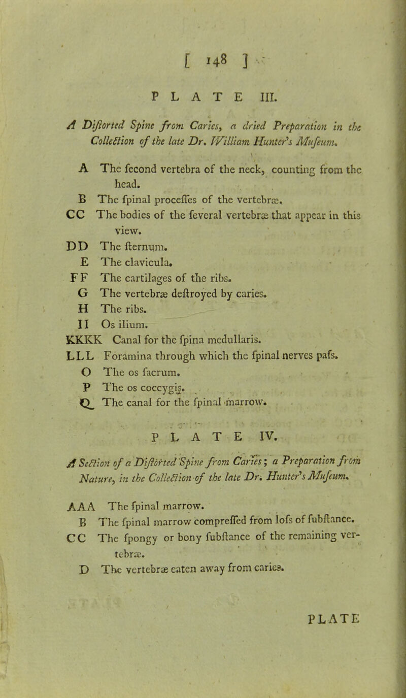 [ i4« j PLATE III. A Dijiorted Spine from Caries, a dried Preparation in the Collection of the late Dr. William Hunter's Mufeum. A The fecond vertebra of the neck, counting from the head. B The fpinal procefles of the vertebra. CC The bodies of the feveral vertebra? that appear in this view. DD The fternum. E The clavicula. F F The cartilages of the ribs. G The vertebrae deftroyed by caries. H The ribs. II Os ilium. KKKK Canal for the fpina mcdullaris. LLL Foramina through which the fpinal nerves pafs. O The os facrum. P The os coccygis. Q_ The canal for the fpinal marrow. P L ATE IV. jfSefiion ofa DiJlbrted Spine from Caries; a Preparation from Nature, in the Colkaion of the late Dr. Hunter's Mufeum. AAA The fpinal marrow. B The fpinal marrow comprefled from lofs of fubflance. CC The fpongy or bony fubftance of the remaining ver- tebra;. D The vertebra? eaten away from caries.