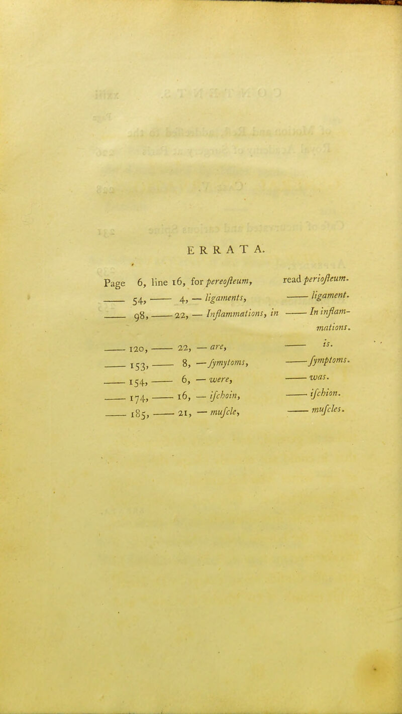 6, line 16, for pereojleum, read periofteum. 54, 4, — ligaments, ligament. g#, 22, — Inflammations, in /«inflam- mations. 120, 22, — are, «• i53j 8, —fymytoms, fymptoms. 154, 6, — I?4, 16, - j/fAjw, £85, 21, — mufcles.