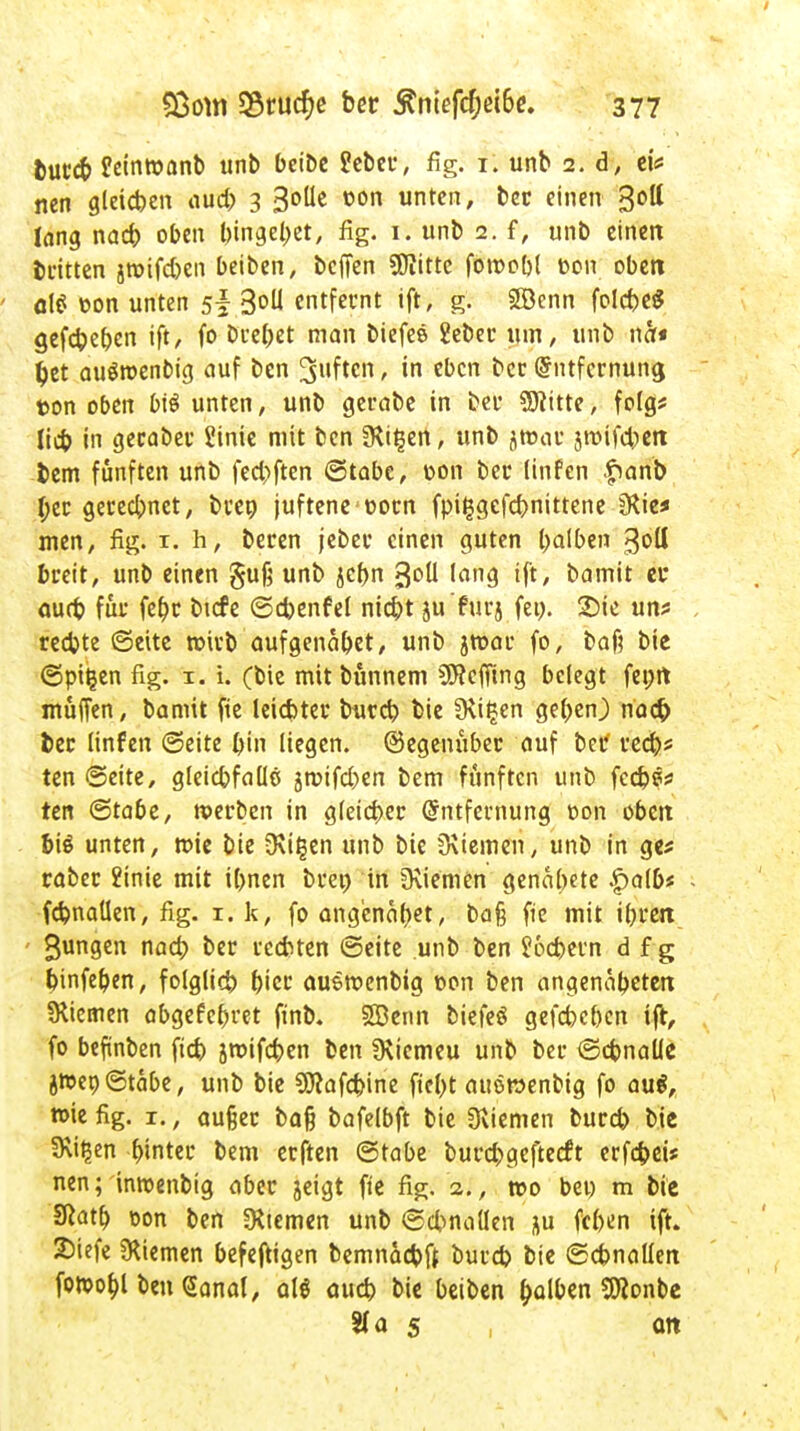 fcuccfc Jeinttanb unb betöc ?ebcr, fig. 1. unb 2. d, ei* nen gleichen aud> 3 3oüe t>on unten, ber einen 30II lang nad) oben lungebet, fig. 1. unb 2. f, unb einen fcritten jtt>ifd)en beiben, beffen SOiittc fomobl bon oben ' olS »on unten sl 3°U entfernt ift, g. SBenn folcbeS gefdpeben ifl> f° bi'efjet man tiefe© 2eDec um, unb not« l)et auSroenbig auf ben Ruften, in eben bec Entfernung, t>on oben bt$ unten, unb gerabe in bei* SJittte, folg* lieb in geraber Sinte mit ben SKi^en, unb jroau jroifdjen fcem fünften unb fed>ften ©tabe, v>on bec linfen fianb I;er gereebnet, breo juftene ooen fpitjgcfcbnittene $Kie* men, fig. t. h, beten jeber einen guten balben %o11 breit, unb einen §ufj unb jebn %ott lang ift, bamit et* oueb für fe^c bicfe ©cbenfel niebt ju furj fei). 2)ie un* redjte (Seite roitb aufgenabet, unb jttjot* fo, baß bie ©pifcen fig. 1. i. (bie mitbfinnem ^effing belegt femt muffen, bamit fie leiebter bureb bie fHi^en gebenj) nad) tote linfen ©eite bin liegen, (gegenüber auf ber red)? ten ©eite, gleidjfaüö gtvifd;>en bem fünften unb fccb&s ten ©tabe, werben in gleicher Entfernung oon oben btö unten, wie bie 0\i£en unb bie Siemen, unb in ge* caber 2inie mit il>nen breo in Riemen genäbete £alb« fcbnaüen, fig. 1. k, fo angenal>et, ba§ fie mit ibreit - jungen nad) ber reebten ©eite unb ben Joebern d f g binfeben, folglich bicr ausroenbig t>on ben angenabeten Siemen abgefebvet ftnb. Sßenn biefeö gefebeben ifr, fo beftnben fid) jmtfeben ben SKicmeu unb ber ©cbnalle Jtt>ep©tabe, unb bie ?0tafd)ine fielet attörcenbig fo au$, wie fig. 1., außer bafj bafelbft bie Üviemen bureb bie 3\i$en f>inter bem erften ©tabe burd>geftecft erfebei« nen; inwenbig aber jeigt fie fig. 2., »0 bei) m bie SRatb bon ben Siemen unb ©drallen &u feben ift» 2)iefe Siemen befeftigen bemnaebft bureb bie ©cbnallen fofoobj ben (Sana!, al$ aud) bie beiben falben SOionbe 3fa 5 on