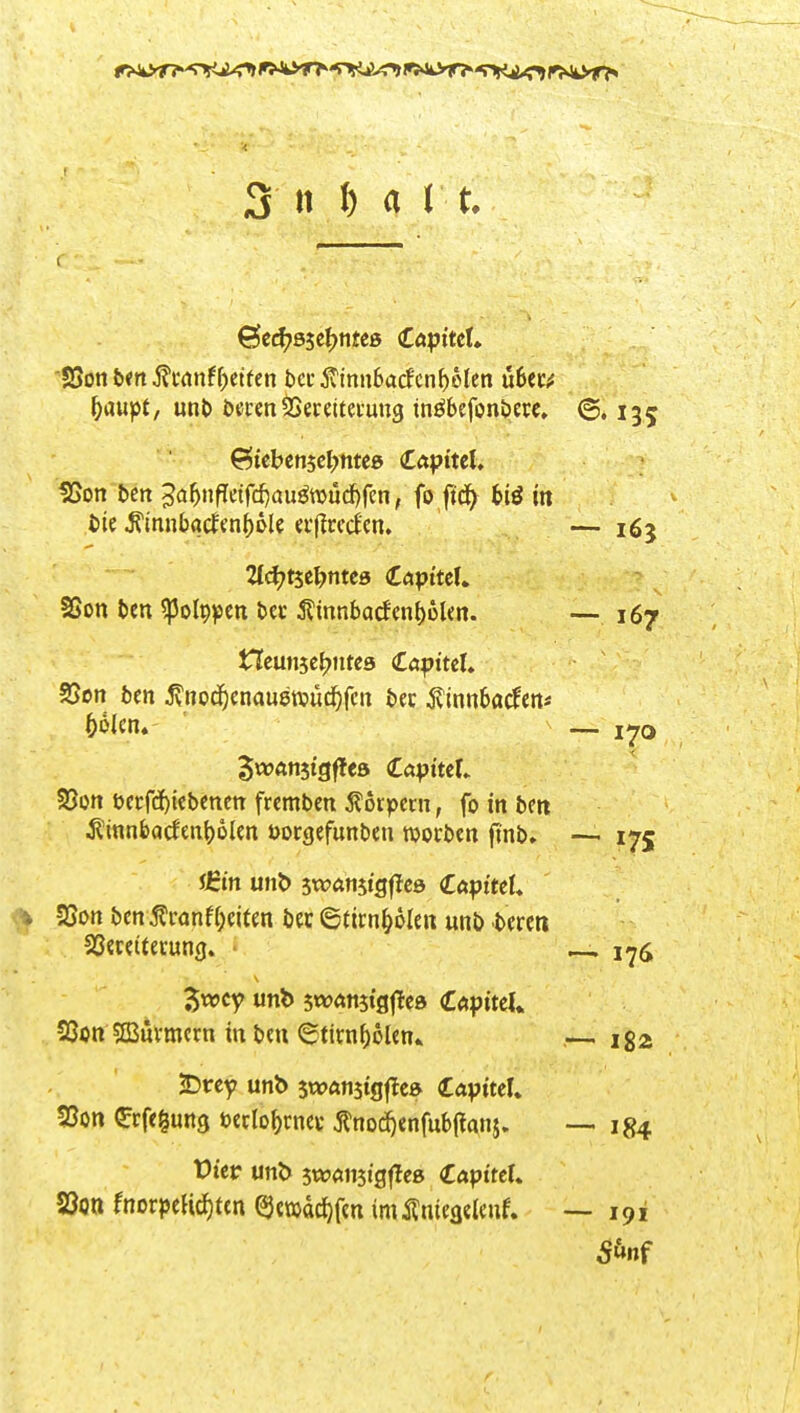 ^>aupt, unt> öecen^ereitetung inöbefonticcc. ©. 135 6tcben5c^>nteß £Äpitel. Sßon t)en ^olppen ba 5lmn6arfcnt)6lm. — 167 neunjc^iites CapittU SwönjtgffeB (LapiteU S5ott öccfti^icbenctt frcmben jlorpccn, fo in bm S:\mbadm\)bkn oorgefunben mtbm ftnb» 175 SSon bcn j?ranf(;eiten ber ©tirn^olen unb bcrcti 23«cetfecung. • ^ i-^^ SSon 5Buvmcrn in bat ©tirn^olen» ,— 132 JDrcy unb swanjiglle» CaptteU 5Son erfcgung tedo^rnec jlnodjenfubjtanj. — 184 Vitt unb 5w«n5tgf?e5 (LapittU öon fnorpead)ten QJwäc^fcn imilnieaeleur. — 191 5&nf