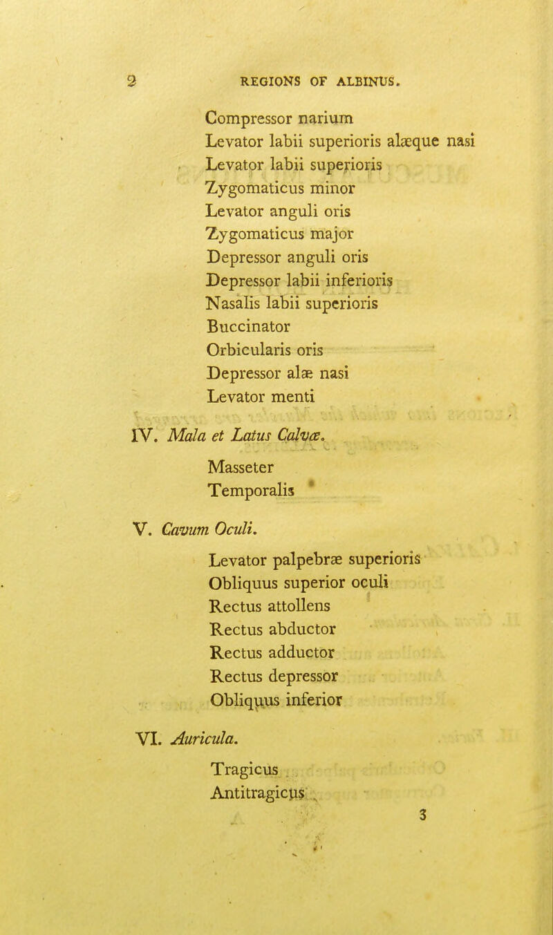 Compressor narium Levator labii superioris alaeque Levator labii supejioris Zygomaticus minor Levator anguli oris Zygomaticus major Depressor anguli oris Depressor labii inferioris Nasalis labii superioris Buccinator Orbicularis oris Depressor alae nasi Levator menti IV. Mala et Latus Cdlva. Masseter Temporalis * V. Camm Oculi. Levator palpebrae superioris Obliquus superior oculi Rectus attoUens Rectus abductor Rectus adductor Rectus depressor Obliquus inferior VI. Auricula. Tragicus Antitragicu? . 3