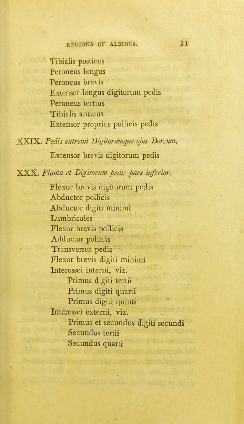 Tibialis posticus Peroneus longus Peroneus brevis Extensor longus digitorum pedis Peroneus tertius Tibialis anticus Extensor proprius pollicis pedis XXIX. Pedis extremi Bigitorumque ejus Dorsum^ Extensor breyis digitorum pedis XXX. Planta et Digitorum pedis pars inferior. Flexor brevis digitorum pedis Abductor pollicis Abductor digiti minimi Lumbricales Elexor brevis pollicis Adductor pollicis ♦ Transversus pedis Flexor brevis digiti minimi Interossei interni, viz. Primus digiti tertii Primus digiti quarti Primus digiti quinti Interossei externi, viz. Primus et secundus digiti secundi Secundus tertii Secundus quarti