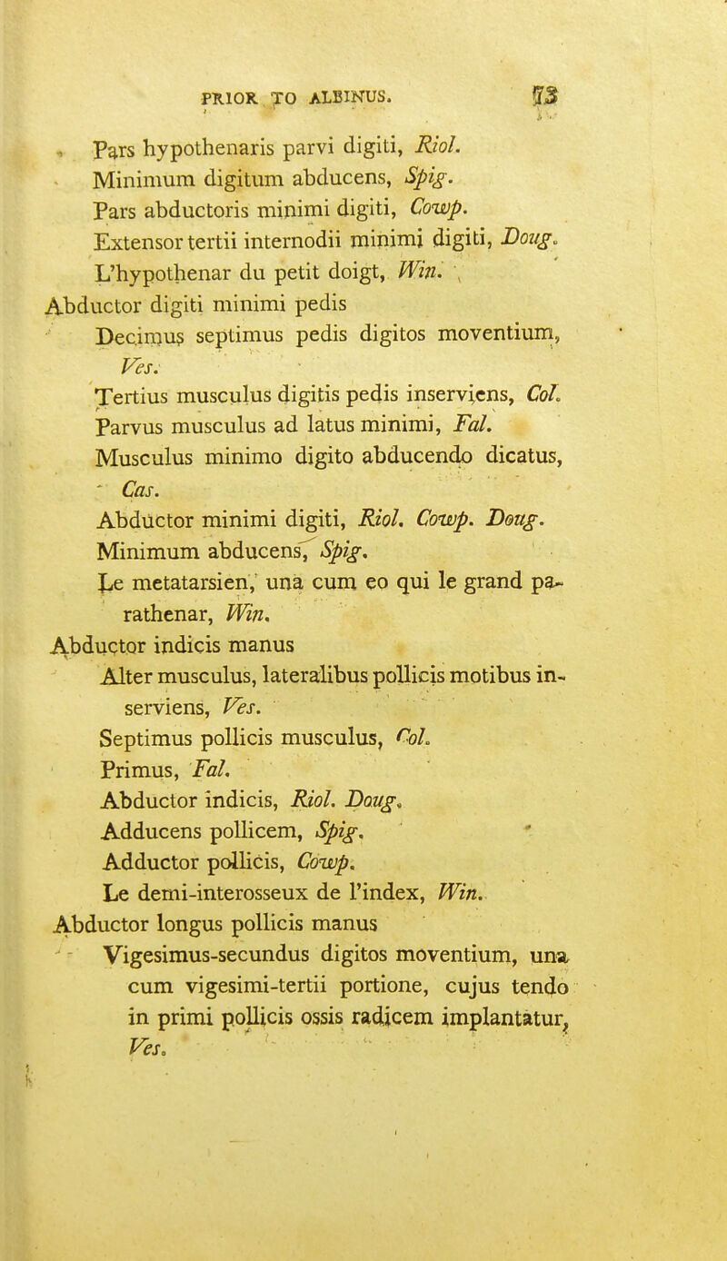 PRIOR. TO ALBINUS. {?3 ' ' ' I . . Pars hypothenaris parvi digiti, Riol. Minimum digitum abducens, Spig. Pars abductoris minimi digiti, Cowp. Extensor tertii internodii minimi digiti, Doug. L'hypothenar du petit doigt, Win. \ Abductor digiti minimi pedis Dec.in)U5 septimus pedis digitos moventium, Ves. Tertius musculus digitis pedis inserv;cns, Cd. Parvus musculus ad latus minimi, FaL Musculus minimo digito abducendo dicatus, ' Cas. Abductor minimi digiti, Riol, Cowp. Dong. Minimum abducensT^ *S^z^, \ji metatarsienV una cum eo qui le grand pa- rathenar. Win, Abductor indicis manus \ ■ ■ ■ ■ Alter musculus, lateralibus poUicis motibus in- serviens, Ves. Septimus poUicis musculus, f'-oL Primus, Fal, Abductor indicis, Riol. Doug^ Adducens pollicem, Spig, Adductor pollicis, Cowp. Le demi-interosseux de I'index, Win. Abductor longus pollicis manus Vigesimus-secundus digitos moventium, una cum vigesimi-tertii portione, cujus tendo in primi pollicis ossis radicem implantatur, Ves.