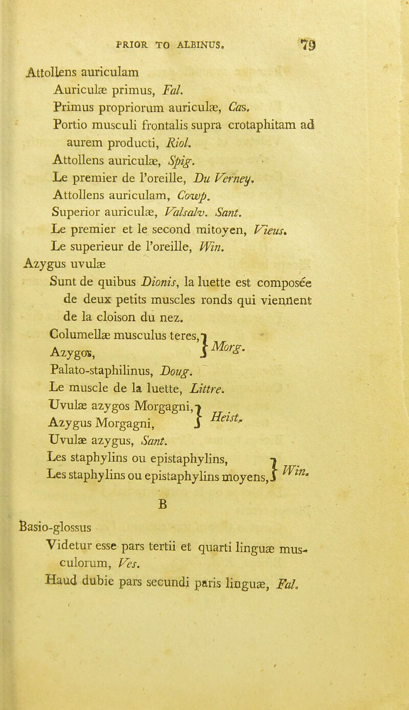 Attollens auriculam Auriculae primus, Fal. Primus propriorum auriculae, Cas. Portio musculi frontalis supra crotaphitam ad aurem producti, Riol. Attollens auriculae, Spig. Le premier de I'oreille, Du Verney. Attollens auriculam, Cowp. Superior auriculas, Valsal'u. Sunt. Le premier et le second mitojen, Vkus,, Le superieur de I'oreille, Win, Azygus uvulse Sunt de quibus Dionis, la luette est composee de deux petits muscles ronds qui vieunent de la cloison du nez. Golumellae musculus teres, i Azygos, S^''^' Palato-staphilinus, Doug, Le muscle de la luette, Littre. Uvula2 azygos Morgagni,-! Azygus Morgagni, J ^^^^^^ Uvulae azygus, Sant. Les staphylins ou epistaphylins, t Les staphylins ou epistaphylins moyens, J B Basio-glossus Videtur esse pars tertii et quarti linguse mus- culorum, Ves. Haud dubie pars secundi paris linguse, FcU.