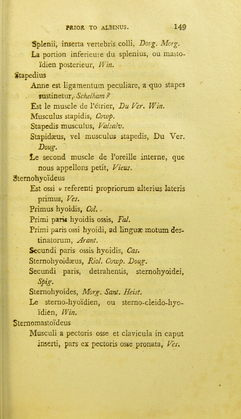 Splenii, inserta vertebris colli, Dovg. Morg. La portion inferieuie du splenius, ou masto- i'dien posterieur, Win. Stapedius Anne est ligamentum peculiare, a quo stapes fiustinetur, Schelham F Est le muscle de I'e trier, Du Ver. Win. Musculus stapidis, Cowp. Stapedis musculus, Valsalv. Stapidaeus, vel musculus stapedis, Du Ver. Doug. l,e second muscle de i'oreille interne, que nous appellons petit, Vieus. Stemohyoi'deus Est ossi y referent! propriorum alterius lateris primus, Ves. Primus hyoidis, CoL - Primi parw hyoidis ossis, Fal. Primi paris ossi hyoidi, ad linguge motum des- tinatorum, Arant. Secundi paris ossis hyoidis, Cas, Stemohyoidaeus, RioL Cowp. Doug. Secundi paris, detrahentis, sternohyoidei, Spig. Sternohyoides, Morg. Sunt. Heist. Le sterno-hyoidien, ou sterno-cleido-hyo- idien, Win. Stemomastoideus Musculi a pectoris osse et clavicula in caput inserti, pars ex pectoris osse pronata, Ves. 4