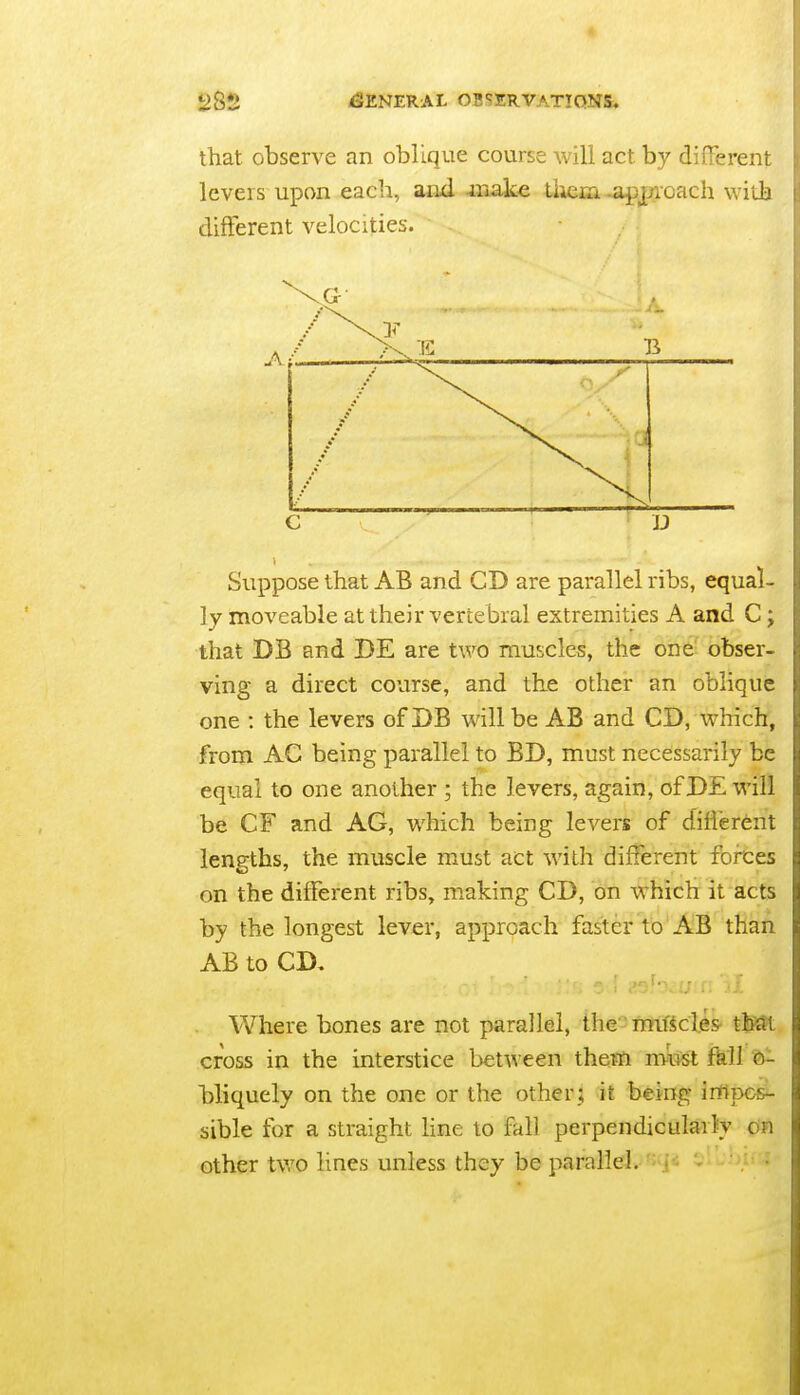 that observe an oblique course will act by different levers upon each, and make tiiGEa^jpi'oach with different velocities. Suppose that AB and CD are parallel ribs, equal- ly moveable at their vertebral extremities A and C; that DB and DE are two muscles, the one; obser- ving a direct course, and the other an oblique one : the levers of DB will be AB and CD, which, from AG being parallel to BD, must necessarily be equal to one another ; the levers, again, of DE will be CF and AG, which being levers of different lengths, the muscle must act with different forces on the different ribs, making CD, on which it acts by the longest lever, approach faster to AB than AB to CD. Where bones are not parallel, the-'mu^cles^ th&i cross in the interstice bet^^ een the?n must fkll 6- bliquely on the one or the other ; it being irtij>cs- sible for a straight line to fall perpendicularly on other two lines unless they be parallel.' i