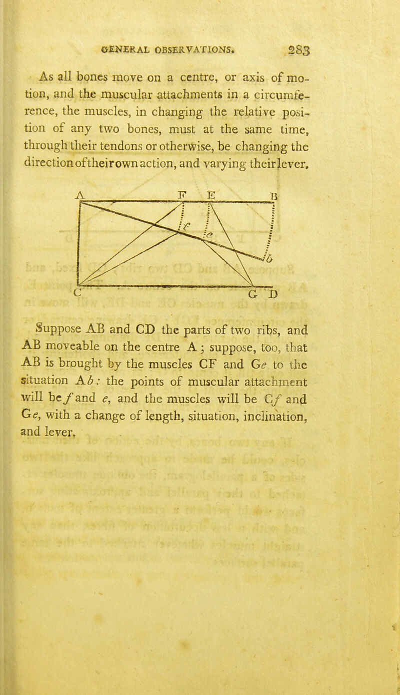 As all bones move on a centre, or axis of mo- tion, and the muscular attachments in a circumfe- rence, the muscles, in changing the relative posi- tion of any two bones, must at the same time, through their tendons or otherwise, be changing the direction of their own action, and varying their lever. G D Suppose AB and CD the parts of two ribs, and AB moveable on the centre A; suppose, too, that AB is brought by the muscles CF and Ge to the situation Ad: the points of muscular attachment will be/and e, and the muscles will be Cf and Ge, with a change of length, situation, inclination, and lever,