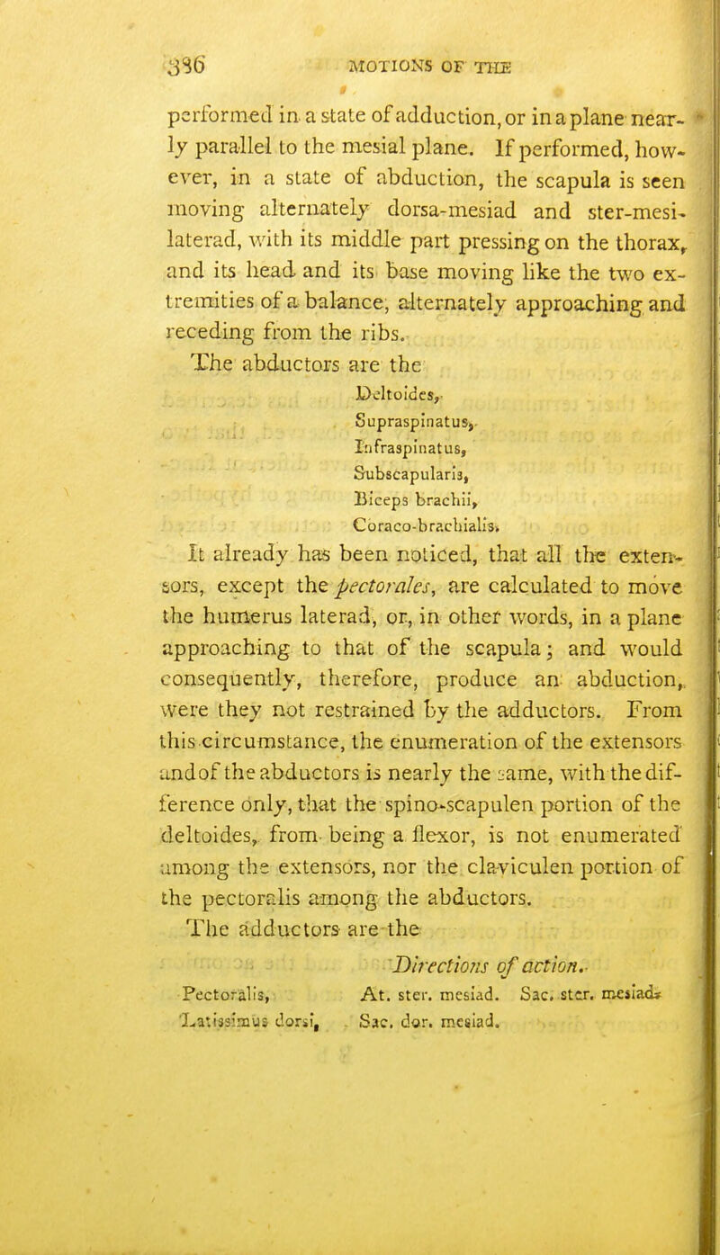 3^6 MOTIONS OF Tim performed in. a state of adduction, or in a plane near-  I ly parallel to the mesial plane. If performed, how- 1 ever, in a state of abduction, the scapula is seen | moving alternately dorsa-mesiad and ster-mesi- \ laterad, with its middle part pressing on the thorax^ and its head and its base moving like the two ex- tremities of a balance, alternately approaching and receding from the ribs. The abductors are the Dcltoidcs, Supraspinatusj. Lifraspinatus, Subscapularia, Biceps brachii, Coraco-brachialis* It already: has been noticed, that all tlie exten-- sors, except the pectorales, are calculated to move the humerus laterad, or, in other words, in a plane i approaching to that of the scapula; and would i consequently, therefore, produce an abduction,, were they not restrained by the adductors. From this circumstance, the enumeration of the extensors undof the abductors is nearly the ^ame, with the dif- ference only, that the spino-scapulen portion of the cleltoides,. from- being a llexor, is not enumerated •among the extensors, nor the claviculen portion of the pectoralis among the abductors. The adductors are the - Directio?is of action. Pectoralis, At. ster. mcsiad. Sac. stcr. meilad* 'Latissimus dorsi, , Sac. dor. mcsiad.