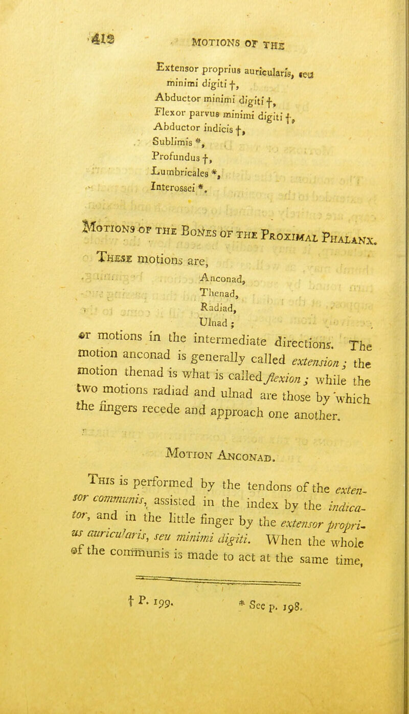 ■412 Extensor propnus auriculans, minimi digiti -j-, Abductor minimi digiti f, Flexor parvus minimi digiti Abductor indicis f, Sublimis *, Profundus f, Xiumbricales *, Interossei *, Motion, of the Bones or the Proximal Phalanx. Thesz motions are, Aneonad, Thenad, Radiad, Ulriad ; 4>r motions in the intermediate directions. The motion anconad is generally called extension j the motion thenad is what is calIed^<.:,/,„ ; while the two motions radiad and ukad are those by which the migers recede and approach one another. Motion Anconad. Tms is performed by the tendons of the exten- sor communis, assisted in the index bv the indtca- tor, and in the little finger by the extensor propria us auncularis, sen minimi digiti. When the whole ef the communis is made to act at the same time