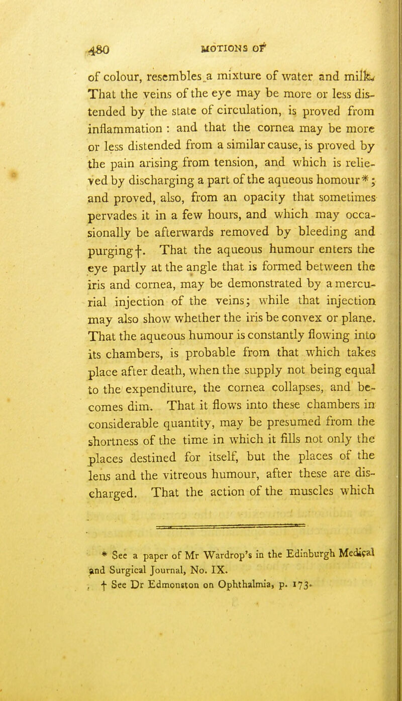 of colour, resembles . a mixture of water and milk^ That the veins of the eye may be more or less dis- tended by the slate of circulation, is proved from inflammation : and that the cornea may be more or less distended from a similar cause, is proved by the pain arising from tension, and which is relie- j ved by discharging a part of the aqueous homour*; ' and proved, also, from an opacity that sometimes pervades it in a few hours, and which may occa- sionally be afterwards removed by bleeding and purgingf. That the aqueous humour enters the eye partly at the angle that is formed between the iris and cornea, may be demonstrated by a mercu- rial injection of the veins; while that injection ' may also show whether the iris be convex or plane. That the aqueous humour is constantly flowing into its chambers, is probable from that which takes place after death, when the supply not being equal to the expenditure, the cornea collapses, and be- comes dim. That it flows into these chambers in ' considerable quantity, may be presumed from the shortness of the time in which it fills not only the places destined for itself, but the places of the lem and the vitreous humour, after these are dis- charged. That the action of the muscles which * bee a paper of Mr Wardrop's in the Edinburgh Medif al )(ind Surgical Journal, No. IX. , f See Dr Edmonston on Ophthalmia, p. 173.