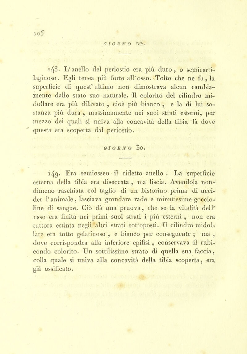 i.o6 Gì OH N O 20. 14B. L'anello del periostio era più duro , o semicard-. laginoso. Egli tenea più forte all'osso. Tolto che ne fu , la superficie di quest' ultimo non dimostrava alcun cambia- mento dallo stato suo naturale. Il colorito del cilindro mi- Jollare era più dilavato , cioè più bianco , e la di lui so- stanza più dura 9 massimamente nei suoi strati esterni, per mezzo dei quali si univa alla concavità della tibia là dove questa era scoperta dal periostio. GIORNO 00. 149. Era semiosseo il ridetto anello . La superficie esterna della tibia era diseccata , ma liscia. Avendola non- dimeno raschiata col taglio di un bistorino prima di ucci- der l'animale, lasciava grondare rade e minutissime goccio- line di sangue. Ciò dà una pruova, che se la vitalità dell' osso era finità nei primi suoi strati i più esterni , non era tuttora estinta negli altri strati sottoposti. Il cilindro midol- lare era tutto gelatinoso , e bianco per conseguente ^ ma 5 dove corrispondea alla inferiore epifisi , conservava il rubi- condo colorito. Un sottilissimo strato di quella sua faccia ^ colla quale si univa alla concavità della tibia scoperta ^ era già ossificato.