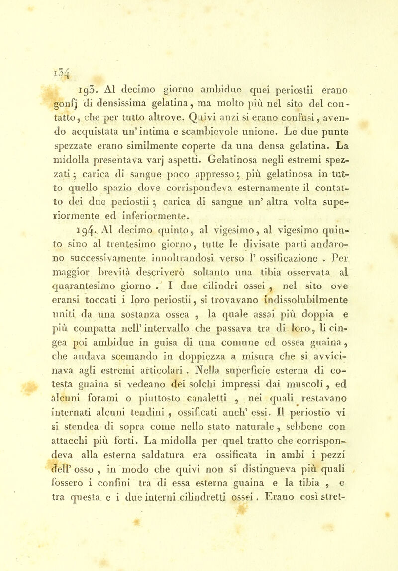 1^4 193. Al decimo giorno amLìdue quei perioslìi erano gonfj di densissima gelatina, ma molto più nel sito del con- tatto, che per tutto altrove. Quivi anzi si erano confusi, aven- do acquistata un'intima e scambievole unione. Le due punte spezzate erano similmente coperte da una densa gelatina. La midolla presentava varj aspetti. Gelatinosa negli estremi spez- zati j carica di sangue poco appresso più gelatinosa in tut- to quello spazio dove corrispondeva esternamente il contat- to dei due periostii , carica di sangue un' altra volta supe- riormente ed inferiormente. 194. Al decimo quinto, al vigesìmo, al vigesimo quin- to sino al trentesimo giorno, tutte le divisate parti andaro- no successivamente inuoltrandosi verso 1' ossificazione . Per maggior brevità descriverò soltanto una tibia osservata al quarantesimo giorno . I due cilindri ossei , nel sito ove eransi toccati i loro periostii, si trovavano indissolubilmente uniti da una sostanza ossea , la quale assai più doppia e più compatta nell'intervallo che passava tra di loro, li cin- gea poi ambidue in guisa di una comune ed ossea guaina, che andava scemando in doppiezza a misura che si avvici- nava agli estremi articolari . Nella superficie esterna di co- testa guaina si vedeano dei solchi impressi dai muscoli, ed alcuni forami o piuttosto canaletti , nei quali restavano internati alcuni tendini , ossificati anch' essi. Il periostio vi si stendea di sopra come nello stato naturale , sebbene con attacchi più forti. La midolla per quel tratto che corrispon- deva alla esterna saldatura era ossificata in ambi i pezzi dell'osso , in modo che quivi non si distingueva più quali fossero i confini tra di essa esterna guaina e la tibia , e tra questa e i due interni cilindretti ossei. Erano così stret-