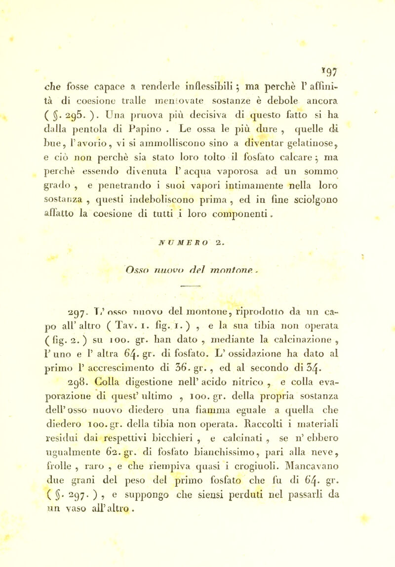 m che fosse capace a renderle inflessibili ; ma perchè V affini- tà di coesione traile ineniovate sostanze è debole ancora ( 296. ). Una pruova più decisiva di questo fatto si ha dalla pentola di Papino . Le ossa le più dure , quelle di bue, f avorio, vi si ammolliscono sino a diventar gelatinose,, e ciò non perchè sia stato loro tolto il fosfato calcare ^ ma perchè essendo divenuta 1' acqua vaporosa ad un sommo grado , e penetrando i suoi vapori intimamente nella loro sostanza , questi indeboliscono prima , ed in fine sciolgono affatto la coesione di tutti i loro componenti » NUMERO 2. , , 0.9.90 nuovo dpi mnnfonp. - 297. T/osso nuovo del montone, riprodotto da un ca~ po all'altro ( Tav. i. fìg. i.) , e la sua tibia non operata (fig. 2.) su loo. gr. han dato, mediante la calcinazione, r uno e 1' altra 6^. gr. di fosfato. L' ossidazione ha dato al primo r accrescimento di 36.gr., ed al secondo di 34- 298. Colla digestione nelf acido nitrico , e colla eva- porazione di quest' ultimo , 100. gr. della propria sostanza dell'osso nuovo diedero una fiamma eguale a quella che diedero ioo.gr. della tibia non operata. Raccolti i materiali residui dai respettivi bicchieri , e calcinati , se n' ebbero ugualmente 62.gr. di fosfato biancliissimo, pari alla neve, frolle 5 raro , e che riempiva quasi i crogiuoli. Mancavano due grani del peso del primo fosfato che fu di ò'zj. gr. ( 5* ^97- ) V 6 suppongo che siensi perduti nel passarli da un vaso all' altro .