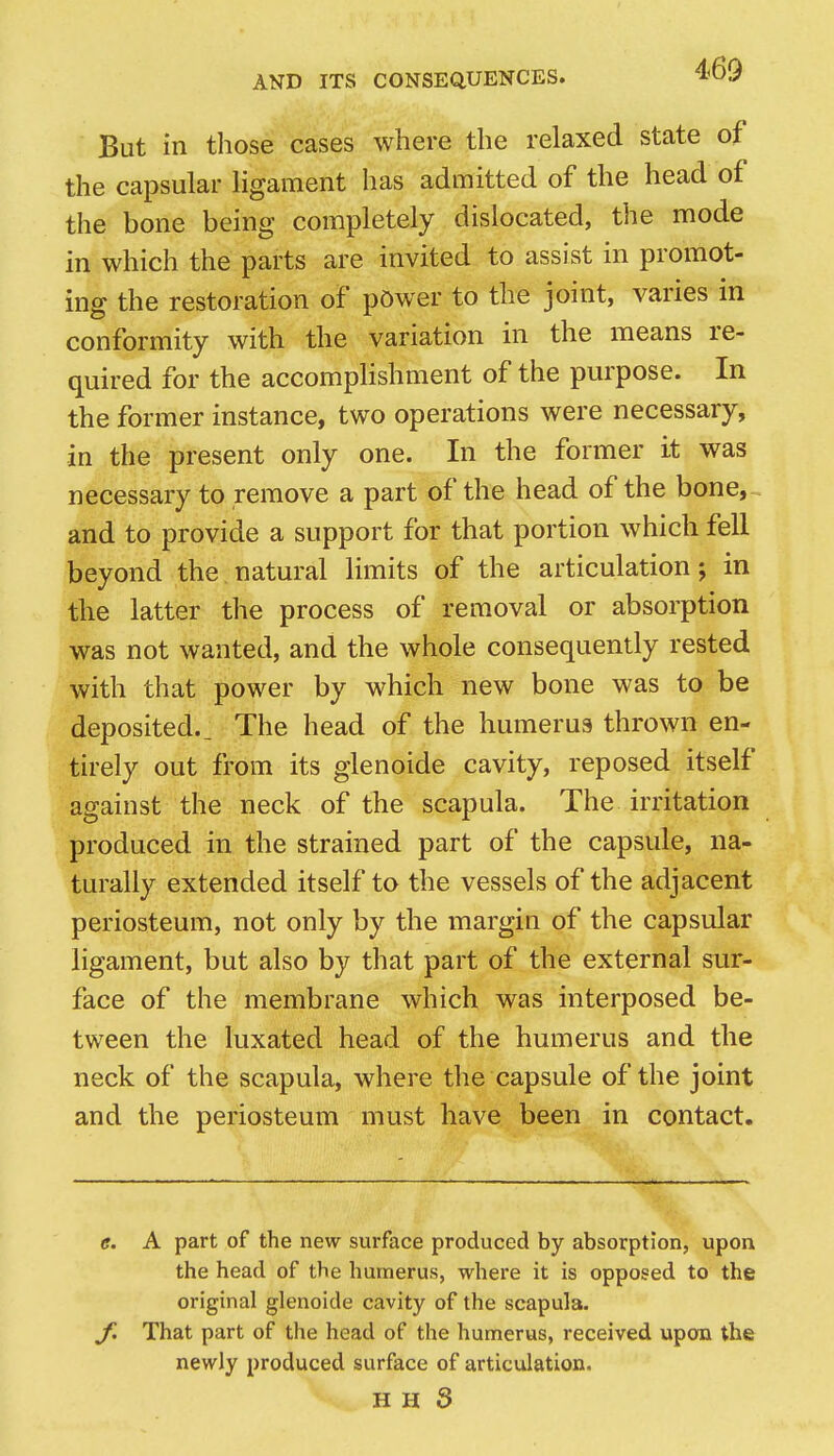 But in those cases where the relaxed state of the capsular ligament has admitted of the head of the bone being completely dislocated, the mode in which the parts are invited to assist in promot- ing the restoration of power to the joint, varies in conformity with the variation in the means re- quired for the accompHshment of the purpose. In the former instance, two operations were necessary, in the present only one. In the former it was necessary to remove a part of the head of the bone, and to provide a support for that portion which fell beyond the natural limits of the articulation; in the latter the process of removal or absorption was not wanted, and the whole consequently rested with that power by which new bone was to be deposited.. The head of the humerus thrown en- tirely out from its glenoide cavity, reposed itself against the neck of the scapula. The irritation produced in the strained part of the capsule, na- turally extended itself to the vessels of the adjacent periosteum, not only by the margin of the capsular ligament, but also by that part of the external sur- face of the membrane which was interposed be- tween the luxated head of the humerus and the neck of the scapula, where the capsule of the joint and the periosteum must have been in contact. e. A part of the new surface produced by absorption, upon the head of the humerus, where it is opposed to the original glenoide cavity of the scapula. f. That part of the head of the humerus, received upon the newly produced surface of articulation.