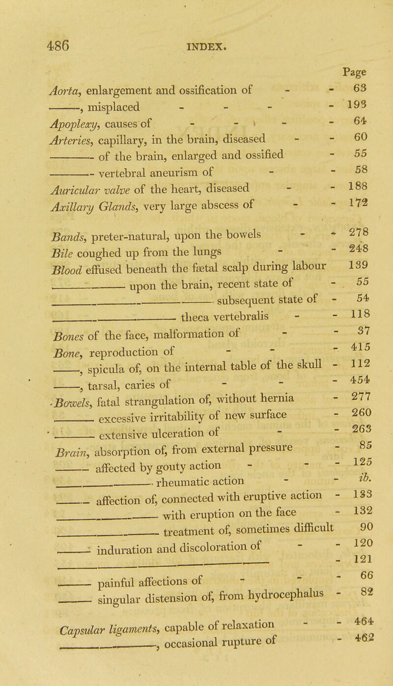 Page Aorta, enlargement and ossification of - - 63 —, misplaced - - - - 193 Apoplexy, causes of - - « - - 64 Arteries, capillary, in the brain, diseased - - 60 of the brain, enlarged and ossified - 55 vertebral aneurism of - - 58 ^wna^^ar of the heart, diseased - - 188 Axillary Glands, yexy \axge obscess oi - - 172 Bands, preter-natural, upon the bowels - * 278 Bile coughed up from the lungs -  ^48 Blood effused beneath the faetal scalp during labour 139 , . upon the brain, recent state of - 55 , subsequent state of - 54? , theca vertebralis - - 118 Bones of the face, malformation of - - 37 Boiie, reproduction of - - - 415 , spicula of, on the internal table of the skull - 112 , tarsal, caries of -   'Bowels, fatal strangulation of, without hernia - 277 excessive irritability of new surface - 260 • extensive ulceration of -  Bra{7i, absorption of, from external pressure - 85 affected by gouty action - - - 125 , rheumatic action - - affection of, connected with eruptive action - 133 , with eruption on the face = 132 treatment of, sometimes difficult 90 : induration and discoloration of - - 120 , - 121 painful affections of -   smgular distension of, from hydrocephalus - 82 Capsular ligaments, caY>^h\e of rela^^tion - - 464 , occasional rupture of - *6>i