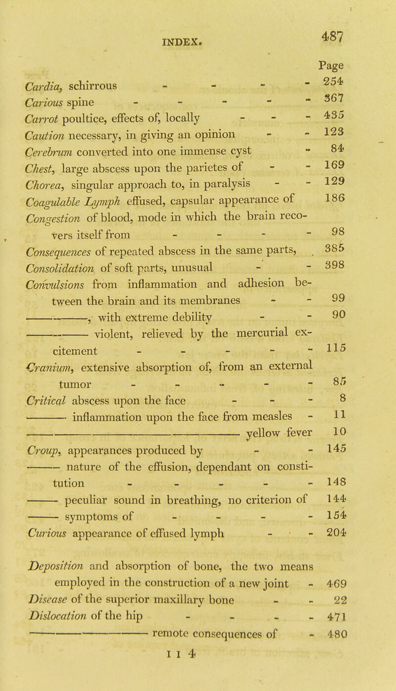 INDEX. ^^'^ Page Cardia, schirrous _ - - - 254 Carious spine - - - - - 367 Carrot poultice, effects of, locally _ - - 435 Caution necessary, in giving an opinion - - 123 Cei-ebrum converted into one immense cyst - 84 Chest, large abscess upon the parietes of - - 169 Chorea, singular approach to, in paralysis - - 129 Coagidable Lymph effused, capsular appearance of 186 Congestion of blood, mode in which the brain reco- vers itself from - - - - 98 Consequences of repeated abscess in the same parts, 385 Consolidation of soft parts, unusual - - 398 Coriindsions from inflammation and adhesion be- tween the brain and its membranes - - 99 , with extreme debility - - 90 violent, relieved by the mercurial ex- citement - - - - -115 Cranium, extensive absorption of, from an external tumor - - - - - 85 Critical abscess upon the face _ - - 8 inflammation upon the face from measles - 11 yellow fever 10 Cfvup, appearances produced by - - 145 nature of the effusion, dependant on consti- tution . - - - - 148 peculiar sound in breathing, no criterion of 144 symptoms of - - - - 154 Curious appearance of effused lymph - - 204 Deposition and absorption of bone, the two means employed in the construction of a new joint - 469 Disease of the superior maxillary bone - - 22 Dislocation of the hip - - - - 471 remote consequences of - 480 I I 4