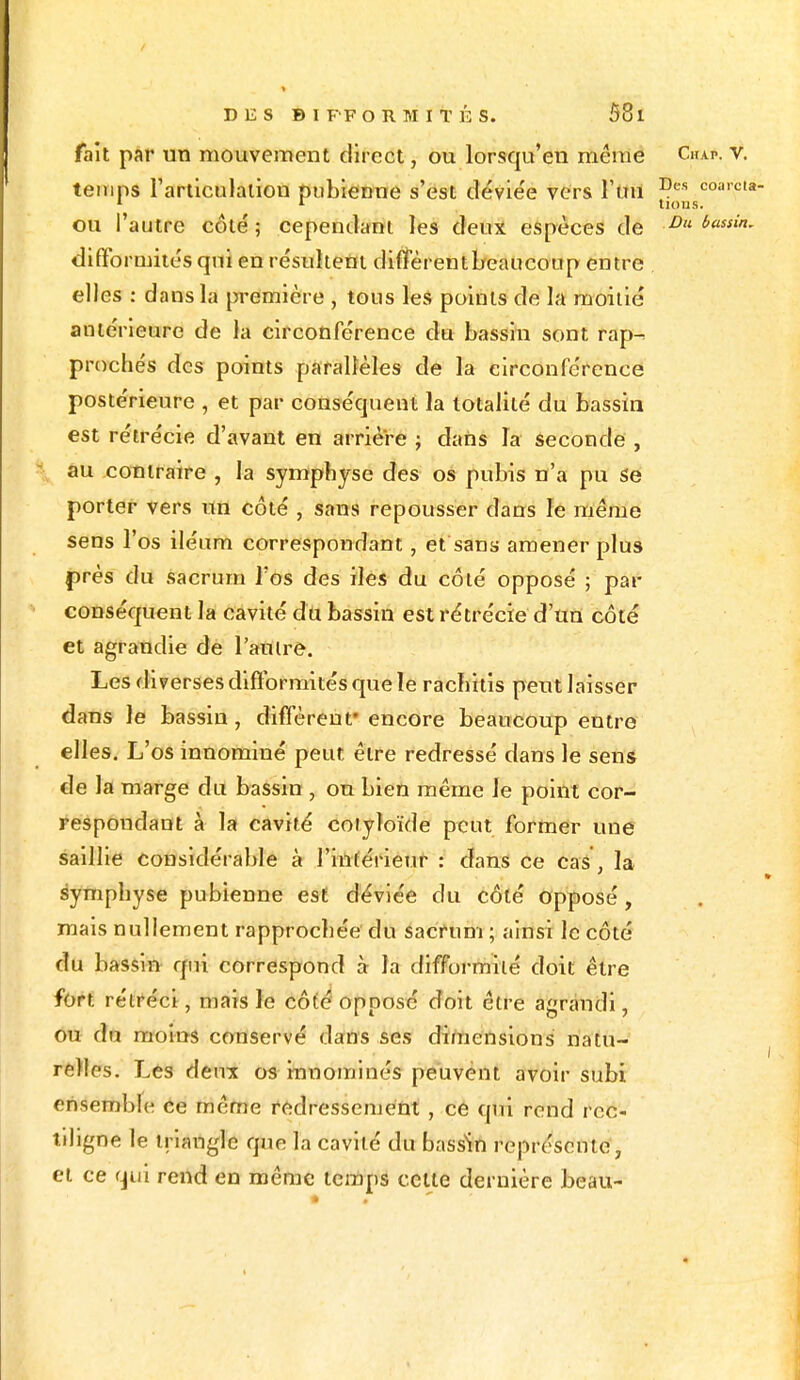 fait par un mouvement direct, ou lorsqu'en même Chai-, v. temps l'articulation pubienne s'est déviée vers l'un I?es coarcla 1 1 tions. ou l'autre côté; cependant les deux espèces de difformités qui en résultent difîèrentbeaucoup entre elles : dans la première , tous les points de la moitié antérieure de la circonférence du bassin sont rap- prochés des points parallèles de la circonférence postérieure , et par conséquent la totalité du bassin est rétrécie d'avant en arrière ; dans la seconde , au contraire , la symphyse des os pubis n'a pu Se porter vers un côté , sans repousser dans le même sens l'os iléum correspondant, et sans amener plus près du sacrum l'os des iles du côté opposé ; pat- conséquent la cavité du bassin est rétrécie d'un côté et agrandie de l'autre. Les diverses difformités que le rachitis peut laisser dans le bassin, diffèrent* encore beaucoup entre elles. L'os innominé peut être redressé dans le sens de la marge du bassin , ou bien même le point cor- respondant à la cavité coiyloïde peut former une saillie considérable à l'inférieur : dans ce cas, la symphyse pubienne est déviée du côté opposé, mais nullement rapprochée du sacrum ; ainsi le côté du bassin qui correspond à la difformité doit être fort rétréci, mais le côté opposé doit être agrandi, ou du moins conservé dans ses dimensions natu- relles. Les deux os innommés peuvent avoir subi ensemble ce même redressement , ce qui rend rec- nligne le triangle que la cavité du bassin représente, et ce qui rend en même temps cette dernière beau- -