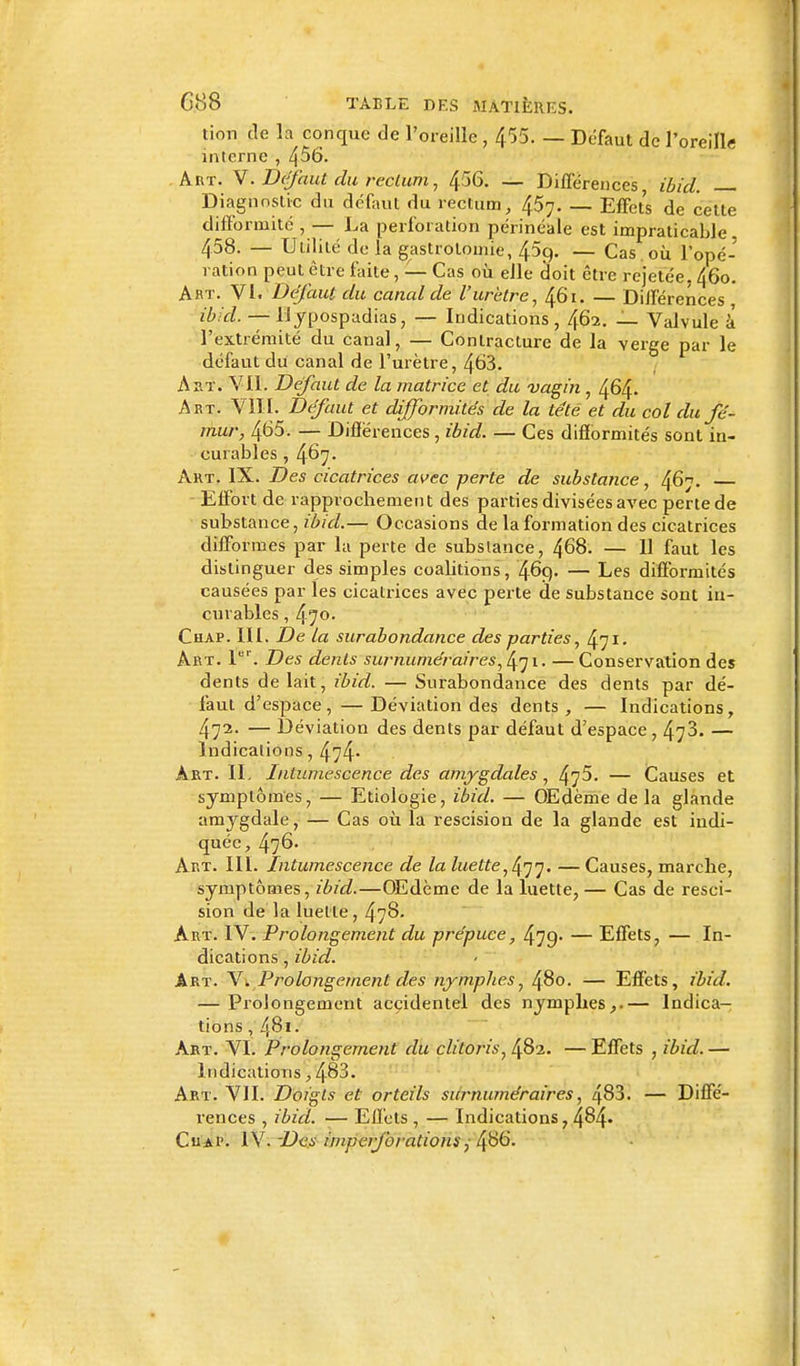 tion de la conque de l'oreille, 455. — Défaut de l'oreille interne , 456. Art. VDéfaut du rectum, 4^6. — Différences, ibid. Diagnostic du défaut du rectum, 457. — Effets de cette difformité , — La perforation périnéale est impraticable. 458. — Utilité de la gastrotomie, 45ç). — Cas . où Topé- ration peut être faite, — Cas où elle doit être rejetée. 460. Art. VI. Défaut du canal de l'urètre, 461. — Différences ibid. — llypospadias, — Indications, 462. — Valvule à' l'extrémité du canal, — Contracture de la verge par le défaut du canal de l'urètre, 463. A st. VII. Défaut de la matrice et du vagin , 464. Art. VIII. Défaut et difformités de la téte et du col du fé- mur, 465. — Différences, ibid. — Ces difformités sont in- curables , 467. Art. IX. Des cicatrices avec perte de substance, 46n. Effort de rapprochement des parties divisées avec perte de substance, ibid.— Occasions de la formation des cicatrices difformes par la perte de substance, 468. — 11 faut les distinguer des simples coalitions, 469. — Les difformités causées par les cicatrices avec perte de substance sont in- curables , 470. Chap. III. De la surabondance des parties, ^1. Art. 1er. Des dents surnuméraires, ^1. —Conservation des dents de lait, ibid. — Surabondance des dents par dé- faut d'espace,— Déviation des dents, — Indications, 472. — Déviation des dents par défaut d'espace, 473. — Indications, 474- Art. IL Intumescence des amygdales, 475. — Causes et symptômes, — Etiologie, ibid. — OEdème de la glande am}rgdale, — Cas où la rescision de la glande est indi- quée, 476- Art. III. Intumescence de la luette,477- — Causes, marche, symptômes, ibid.—OEdème de la luette, — Cas de resci- sion de la luette, 478. Art. IV. Prolongement du prépuce, 479- — Effets, — In- dications , ibid. Art. Vt Prolongement des nymphes, 480. — Effets, ibid. — Prolongement accidentel des nymphes,.— Indica- tions , /[81. Art. VI. Prolongement du clitoris, 482. —Effets , ibid.— Indications, 483. Art. VII. Doigts et orteils surnuméraires, 483. — Diffé- rences , ibid. -— Effets , — Indications, 4^4* Cuai'. IV. 'Des impeiforations486.