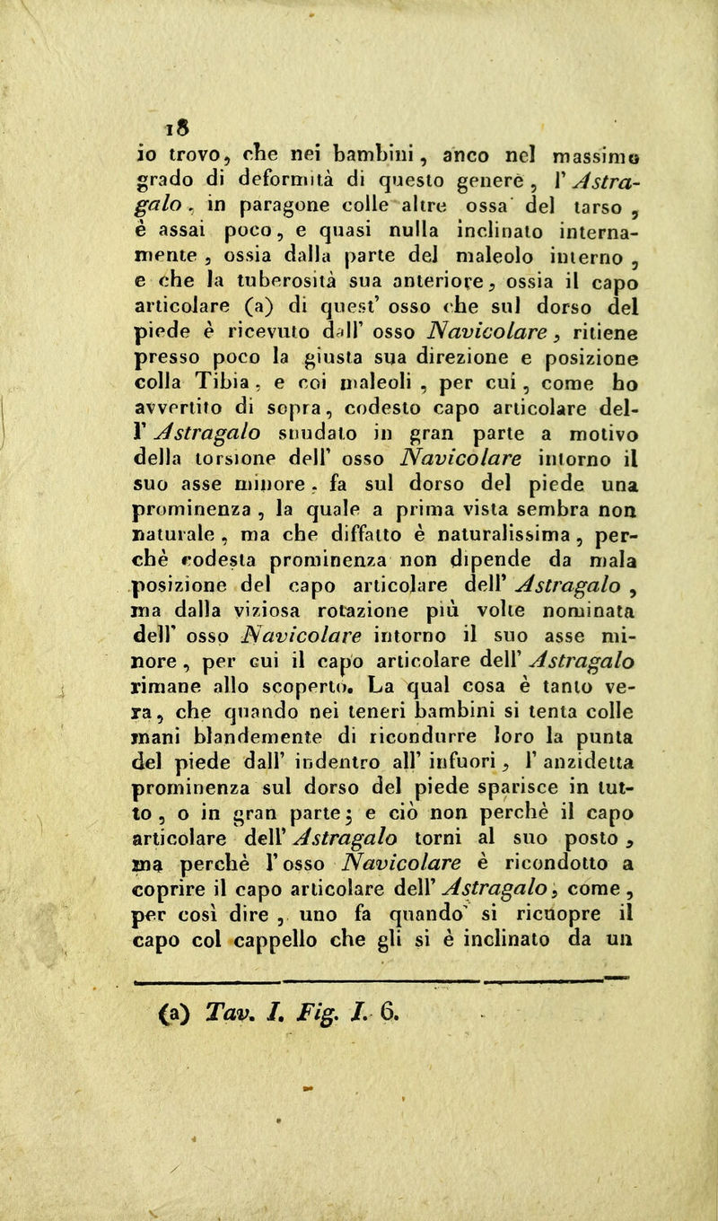 i8 io trovo, che nei bambini, anco nel massimo grado di deformità di questo generò. Vostra- gaio ^ in paragone colle altre ossa del tarso, é assai poco, e quasi nulla inclinato interna- mente 3 ossia dalla parte del maleolo interno , e che la tuberosità sua anteriore ^ ossia il capo articolare (a) di quest' osso che sul dorso del piede è ricevuto d^lT osso Navicolare, ritiene presso poco la giusta sna direzione e posizione eolla Tibia , e coi nialeoli , per cui, come ho avvertito di sopra, codesto capo articolare del- l' j4stragalo snudato in gran parte a motivo della torsione dell' osso Navicolare intorno il suo asse minore. fa sul dorso del piede una prominenza , la quale a prima vista sembra non naturale , ma che diffatto è naturalissima, per- chè codesta prominenza non dipende da mala posizione del capo articolare dell' Astragalo , ma dalla viziosa rotazione più volte nominata deir osso Navicolare intorno il suo asse mi- nore , per cui il capo articolare delF Astragalo rimane allo scoperto. La qual cosa è tanto ve- ra, che quando nei teneri bambini si tenta colle mani blandemente di ricondurre loro la punta del piede dall' indentro all' infuori^ l'anzidetta prominenza sul dorso del piede sparisce in tut- to , o in gran parte 3 e ciò non perchè il capo articolare delV Astragalo torni al suo posto, ma perchè F osso Navicolare è ricondotto a coprire il capo articolare deìV Astragalo ^ come, p<^r così dire , uno fa quando' si ricuopre il capo col cappello che gli si è inclinato da un