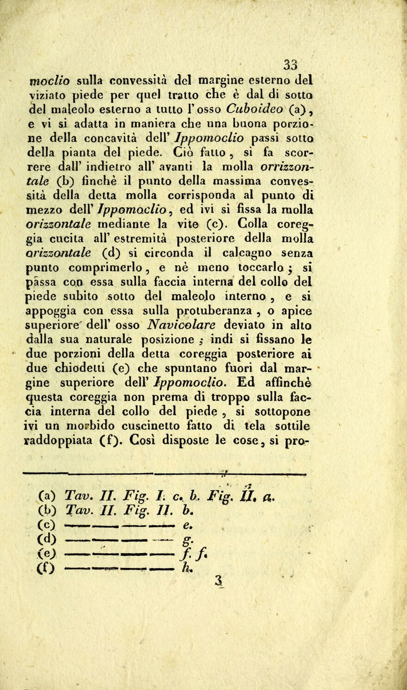 moclio sulla convessità del margine esterno del viziato piede per quel tratto che è dal di sotto del maleolo esterno a tutto Fosso Cuboideo (a), e vi si adatta in maniera che una buona porzio- ne della concavità dell' Jppomoclio passi sotto della pianta del piede. Ciò fatto, si fa scor- rere dair indietro alF avanti la molla orrizzon- tale (b) finché il punto della massima conves- Siità della detta molla corrisponda al punto di mezzo deir Jppomaclio, ed ivi si fissa la molla orizzontale mediante la vite (c). Colla corego già cucita all' estremità posteriore della molla orizzontale (d) si circonda il calcagno senza punto comprimerlo, e né meno toccarlo ^ si passa con essa sulla faccia interna del collo del piede subito sotto del maleojo interno, e si appoggia con essa sulla protuberanza , o apice superiore' dell' osso Navicolare deviato in alto dalla sua naturale posizione s indi si fissano le due porzioni della detta coreggia posteriore ai due chiodetti (e) che spuntano fuori dal mar- gine superiore dell' Ippomoclio. Ed affinchè questa coreggia non prema di troppo sulla fac- cia interna del collo del piede , si sottopone ivi un morbido cuscinetto fatto di tela sottile raddoppiata (f). Cosi disposte le cose, si pro- (a) Tav. IL Fig. I. c, b. Fig. IL a. (b) Tav. IL Fig, IL b. (c) ^ e. (d) . ^ g, <^y— 3