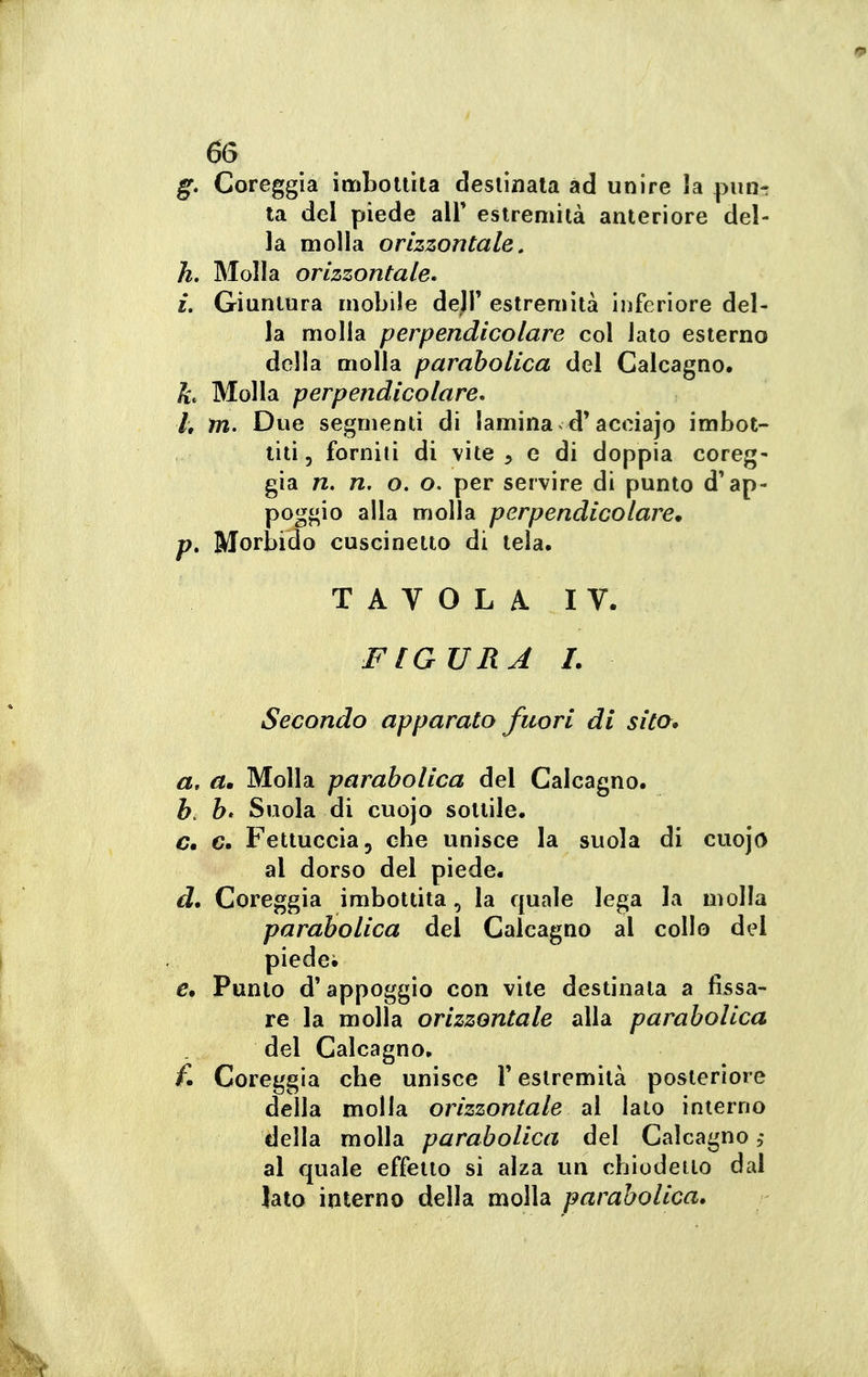 g. Coreggia imbottita destinala ad unire la pun- ta del piede alF estremità anteriore del- la molla orizzontale, h. Molla orizzontale, £. Giuntura mobile de)!' estremità inferiore del- la molla perpendicolare col lato esterno della molla parabolica del Calcagno. Molla perpendicolare, h tn. Due segmenti di lamina d'acciajo imbot- liti, forniti di vite , e di doppia coreg- gia n, n. o. o. per servire di punto d'ap- poggio alla molla perpendicolare* p. Morbido cuscinetto di tela, T A V O L A. I V. FIGURA 1. Secondo apparato fuori di sito. a. a» Molla parabolica del Calcagno. h. b* Suola di cuojo sottile. c. c. Fettuccia, che unisce la suola di cuojo al dorso del piede. d. Coreggia imbottita, la quale lega la molla parabolica del Calcagno al collo del piede; e. Punto d'appoggio con vite destinata a fissa- re la molla orizzontale alla parabolica del Calcagno. f* Coreggia che unisce V estremità posteriore della molla orizzontale al Iato interno della molla parabolica del Calcagno al quale effetto si alza un chiodetto dal Jato interno della molla parabolica.