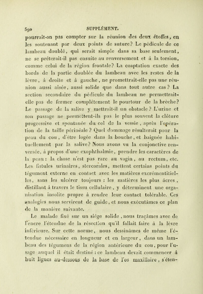 pourrait-on pas compter siir la reunion (Jes deux ^toffeg,eii les soutenant par deux points dc suture? Le pedicule de ce lanibeau double, qui serait simple dans sa base seulement, lie se preterait-il pas ensuite au renversement et a la torsion, comme celui de la region frontale? La coaptation esacte des bords de la partie doublee du lambeau avec les restes de la levre , a droite et a gauche , ne promettrait-elle pas une reu- nion aussi aisee, aussi solide que dans tout autre cas ? La section secondaire du pedicule du lambeau ne permettrait- elle pas de fermer conipletement le ponrtour de labreche? Le passage dc la saiive y raeltrait-il un obstacle ? L'urine et son passage ne permeitent-ils pas le plus souvent la cloture progressive et spontanee du col ds la vessie , apris I'opera- tion de la taille periaeale ? Quel dommage resulterait pour la pcau du cou , d'etre logee dans la bouche, et baignee habi- tuellement par la saiive? Nous avons vu la conjonctive ren- Tersec, a propos d'une exophthalmic, prendre les caract^res de la peau : la chose n'est pas rare au vagin , au rectum, etc. Les fistules urinaires, stcrcorales, meltent certains points du tegument externe en contact avec les mati^res excremcntiliel- les, sans les nlcerer toujours : les matieres les plus acres , dislillant a Iravers !e tissu cellulaire , y determinent une orga- nisation insolite propre a rendre leur contact tolerable. Ces analogies nous servireut de guide, ct nous executames ce plan de la maniere suivante. Le malade fixe sur un siege solide , nous tracames avec de I'encre I'etendue de la resection qu'il fallait faire a la Icvre inferieurc. Sur cette norme, nous dessinames de meme I'e- tendue necessaire en longueur et en largeur , dans un lam- beau des legumens de la region anterieure du cou , pour I'u- sage auquel il etait destine : ce lambeau devait commencer d buit Jigaes au-dessou5 de la base de I'os maxiilaire , s'dten-