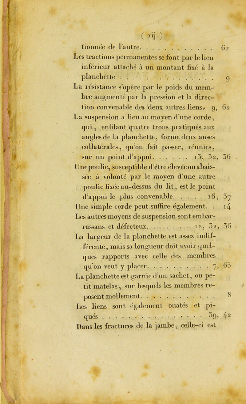 tionnëe de l'autre 6i> Les tractions permanentes se font par le lien inférieur attaché à un montant fixé à la planchette , . g La résistance s'opère par le poids du mem- bre augmenté par la pression et la direc- tion convenable des deux autres liens ^ 9, 62 La suspension a lieu au moyen d'une corde, qui, enfilant quatre trous pratiqués aux angles de la planchette, forme deux anses collatérales, qu'on fait passer, réunies, sur un point d'appui 15, 32, 36 Unepoulie, susceptible d'être élevée ou abais- sée à volonté par le rnoyen d'une autre , poulie fixée au-dessus du lit, est le point d'appui le plus convenable 16, 3^ Une simple corde peut suffire également. . i4 Les autres moyens de suspension sont embar- rassans et défecteux 12, 02j 36 La largeur de la planchette est assez indif- férente , mais sa longueur doit avoir quel- ques rapports avec celle des membres qu'on veut y placer 7? 65 La planchette est garnie d'un sachet, ou pe- tit matelas, sur lesquels les membres re- posent mollement 8 Les liens sont également ouatés et pi- qués ^9, 42 Dans les fractures de la jambe, celle-ci est