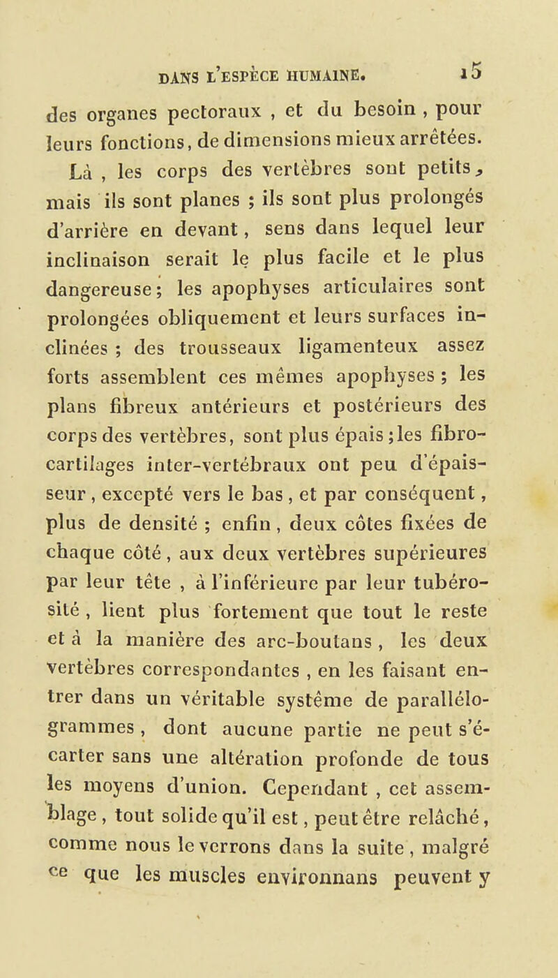 des organes pectoraux , et du besoin , pour leurs fonctions, de dimensions mieux arrêtées. Là , les corps des vertèbres sont petits, mais ils sont planes ; ils sont plus prolongés d'arrière en devant, sens dans lequel leur inclinaison serait le plus facile et le plus dangereuse; les apophyses articulaires sont prolongées obliquement et leurs surfaces in- clinées ; des trousseaux ligamenteux assez forts assemblent ces mêmes apophyses ; les plans fibreux antérieurs et postérieurs des corps des vertèbres, sont plus épais ; les fibro- cartilages inter-vertébraux ont peu d'épais- seur , excepté vers le bas , et par conséquent, plus de densité ; enfin , deux côtes fixées de chaque côté, aux deux vertèbres supérieures par leur tête , à l'inférieure par leur tubéro- sité , lient plus fortement que tout le reste et à la manière des arc-boutans , les deux vertèbres correspondantes , en les faisant en- trer dans un véritable système de parallélo- grammes , dont aucune partie ne peut s'é- carter sans une altération profonde de tous les moyens d'union. Cependant , cet assem- Vage , tout solide qu'il est, peut être relâché, comme nous le verrons dans la suite , malgré que les muscles eiivifonnans peuvent y
