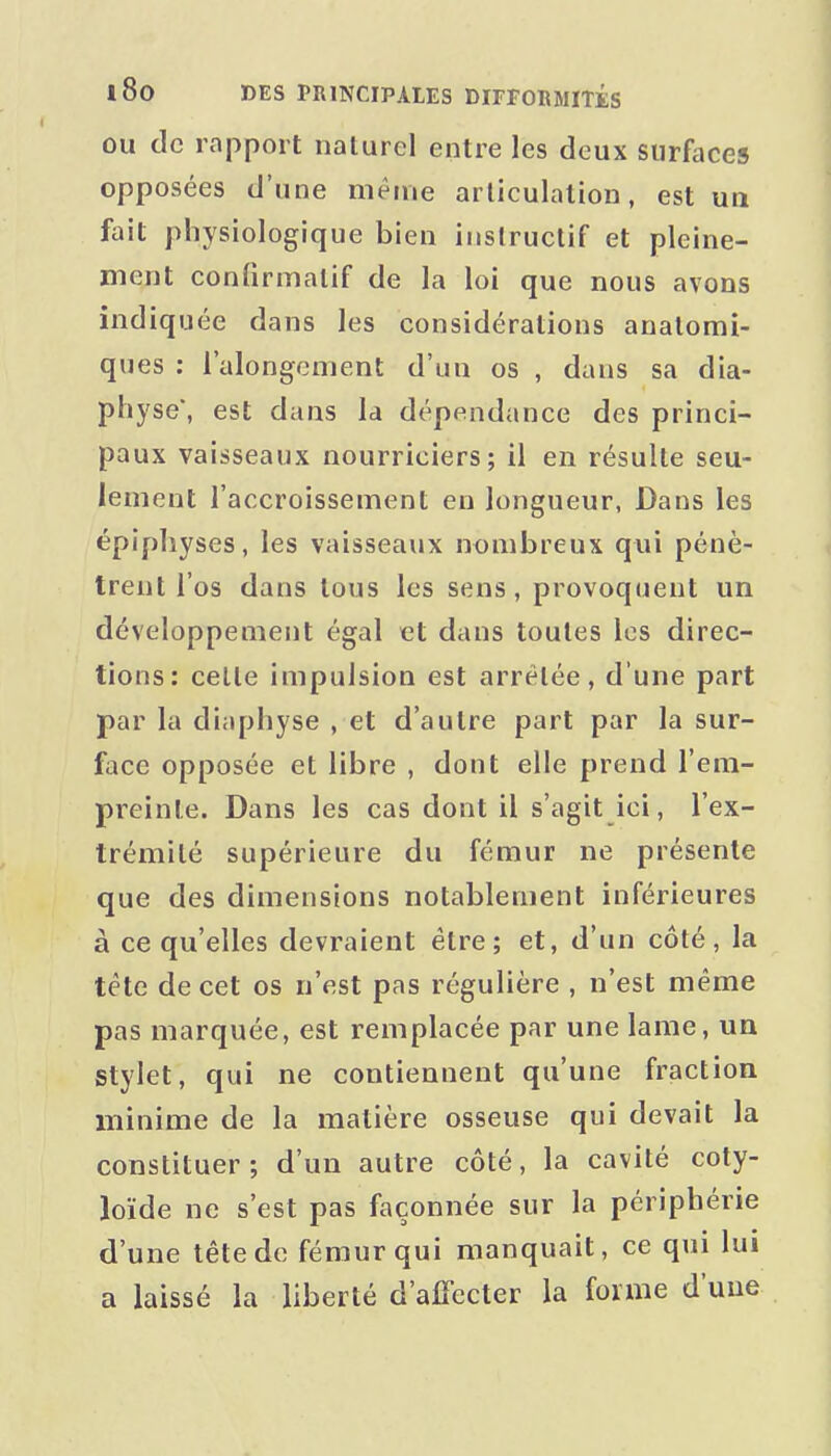 OU de rapport naturel entre les deux surfaces opposées d'une même articulation, est ua fait physiologique bien instructif et pleine- ment confirmalif de la loi que nous avons indiquée dans les considérations analomi- ques : i'alongement d'un os , dans sa dia- physe, est dans la dépendance des princi- paux vaisseaux nourriciers; il en résulte seu- lement l'accroissement en longueur, Dans les épiphyses, les vaisseaux nombreux qui pénè- trent l'os dans tous les sens, provoquent un développement égal et dans toutes les direc- tions: celle impulsion est arrêtée, d'une part par la diaphyse , et d'autre part par la sur- face opposée et libre , dont elle prend l'eni- preinle. Dans les cas dont il s'agit ici, l'ex- trémilé supérieure du fémur ne présente que des dimensions notablement inférieures à ce qu'elles devraient être; et, d'un côté, la tête de cet os n'est pas régulière , n'est même pas marquée, est remplacée par une lame, un stylet, qui ne contiennent qu'une fraction minime de la matière osseuse qui devait la constituer ; d'un autre côté, la cavité coty- loïde ne s'est pas façonnée sur la périphérie d'une tête de fémur qui manquait, ce qui lui a laissé la liberté d'affecter la forme d'une