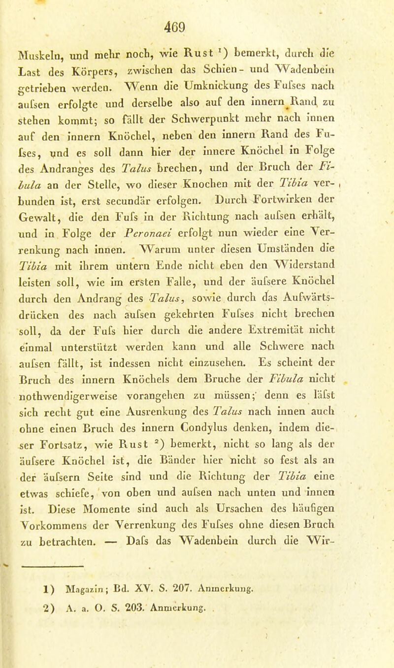 Muskeln, und melir noch, wie Rust ') bemerkt, durch die Last des Körpers, zwischen das Schien- und Wadenbein e-etrleben werden. Wenn die Umknickung des Fufses nach aulsen erfolgte und derselbe also auf den innern Rand, zu stehen kommt; so fällt der Schwerpunkt mehr nach innen auf den innern Knöchel, neben den innern Rand des Fu- fces, vnd es soll dann hier der innere Knöchel in Folge des Andranges des Talus brechen, und der Brach der Fi- lula an der Stelle, wo dieser Knochen mit der Tibia ver- , bunden ist, erst secundär erfolgen. Durch JTortwirken der Gewalt, die den Fufs in der Richtung nach aufsen erhält, und in Folge der Pcronaei erfolgt nun wieder eine Ver- renkung nach innen. Warum unter diesen Umständen die Tihia mit ihrem untern Ende nicht eben den Widerstand leisten soll, wie im ersten Falle, und der äufsere Knöchel durch den Andrang des Talus, sowie durch d^as Aufwärts- driicken des nach aufsen gekehrten Fufses nicht brechen soll, da der Fufs hier durch die andere Extremität nicht einmal unterstützt werden kann und alle Schwere nach aufsen fällt, ist indessen nicht einzusehen. Es scheint der Bruch des innern Knöchels dem Bruche der FiLula nicht nothwendigerweise vorangehen zu müssen;' denn es läfst sich recht gut eine Ausrenkung des Talus nach innen auch ohne einen Bruch des Innern Condylus denken, indem die- ser Fortsatz, wie Rust ^) bemerkt, nicht so lang als der äufsere Knöchel ist, die Bänder hier nicht so fest als an der äufsern Seite sind und die Richtung der Tibia eine etwas schiefe, von oben imd aufsen nach unten und innen ist. Diese Momente sind auch als Ursachen des häufigen Vorkommens der Verrenkung des Fufses ohne diesen Bruch zu betrachten. — Dafs das Wadenbein durch die Wir- 1) Magazin; Bd. XV. S. 207. Anmerkung. 2) A. a. O. S. 203. Anmerkung.