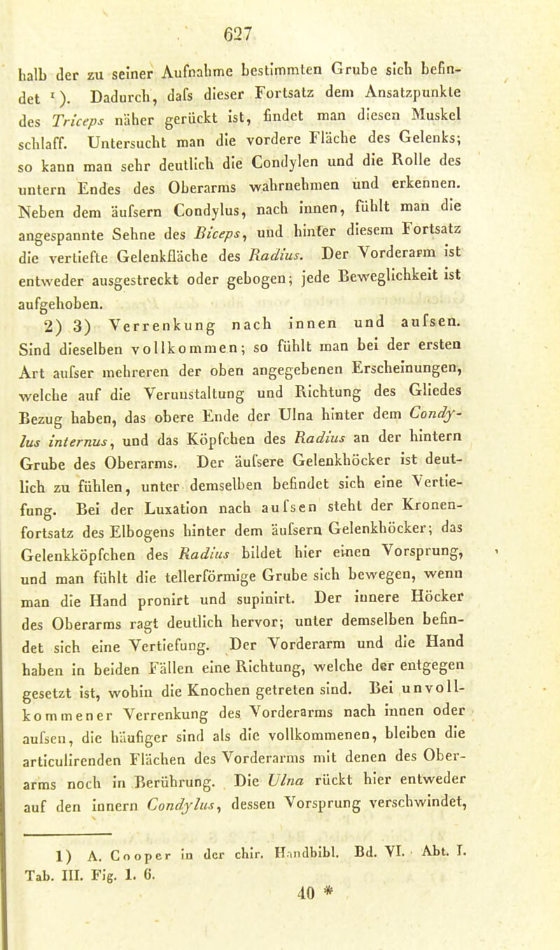 halb der zu seiner Aufnahme bestimmten Grube sieb befin- det Dadurcb, dafs dieser Fortsatz dem Ansatzpunkte des Trlceps näher gerückt ist, findet man diesen Muskel schlaff. Untersucht man die vordere Fläche des Gelenks; so kann man sehr deutlich die Condylen und die Rolle des untern Endes des Oberarms wahrnehmen und erkennen. Neben dem äufsern Condylus, nach innen, fühlt man die angespannte Sehne des Bkeps, und hinter diesem Fortsatz die vertiefte Gelenkfläche des Radius. Der Vorderarm ist entweder ausgestreckt oder gebogen; jede Beweglichkeit ist aufgehoben, 2) 3) Verrenkung nach innen und aufsen. Sind dieselben vollkommen; so fühlt man bei der ersten Art aufser mehreren der oben angegebenen Erscheinungen, welche auf die Verunstaltung und Richtung des Gliedes Bezug haben, das obere Ende der Ulna hinter dem Condy- lus internus., und das Köpfchen des Radius an der hintern Grube des Oberarms. Der äufsere Gelenkhöcker ist deut- lich zu fühlen, unter demselben befindet sich eine Vertie- fung. Bei der Luxation nach aufsen steht der Kronen- fortsatz desElbogens hinter dem äufsern Gelenkhöcker; das Gelenkköpfchen des Radius bildet hier einen Vorsprung, und man fühlt die tellerförmige Grube sich bewegen, wenn man die Hand pronirt und supinirt. Der innere Höcker des Oberarms ragt deutlich hervor; unter demselben befin- det sich eine Vertiefung. Der Vorderarm und die Hand haben in beiden Fällen eine Richtung, welche der entgegen gesetzt ist, wohin die Knochen getreten sind. Bei unvoll- kommener Verrenkung des Vorderarms nach innen oder aufsen, die häufiger sind als die vollkommenen, bleiben die articulirenden Flächen des Vorderarms mit denen des Ober- arms noch in Berührung. Die Ulna rückt hier entweder auf den innern Condjlus, dessen Vorsprung verschwindet, 1) A. Cooper !n der chir. Haiidbibl. Bd. YI. Abt. I. Tab. III. Fig. 1. 6. 40 *