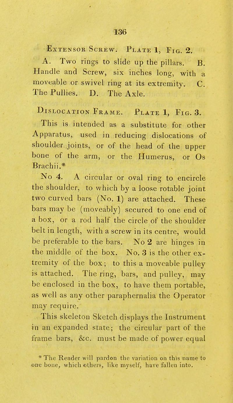 •Extensor Screw. Plate 1, Fig. 2. A. Two rings to slide up the pillars. B. Handle and Screw, six inches long, with a moveable or swivel ring at its extremity. C. The Pullies. D. The Axle. Dislocation Frame. Plate 1, Fig. 3. This is intended as a substitute for other Apparatus, used in reducing dislocations of shoulder joints, or of the head of the upper bone of the arm, or the Humerus, or Os Brachii.* No 4. A circular or oval ring to encircle the shoulder, to which by a loose rotable joint two curved bars (No. 1) are attached. These bars may be (moveably) secured to one end of a box, or a rod half the circle of the shoulder belt in length, with a screw in its centre, would be preferable to the bars. No 2 are hinges in the middle of the box. No. 3 is the other ex- tremity of the box; to this a moveable pulley is attached. The ring, bars, and pulley, may be enclosed in the box, to have them portable, as well as any other paraphernalia the Operator may require. This skeleton Sketch displays the Instrument in an expanded state; the circular part of the frame bars, &c. must be made of power equal * The Reader will pardon the variation on this name to one bone, which others, like myself, have fallen into.