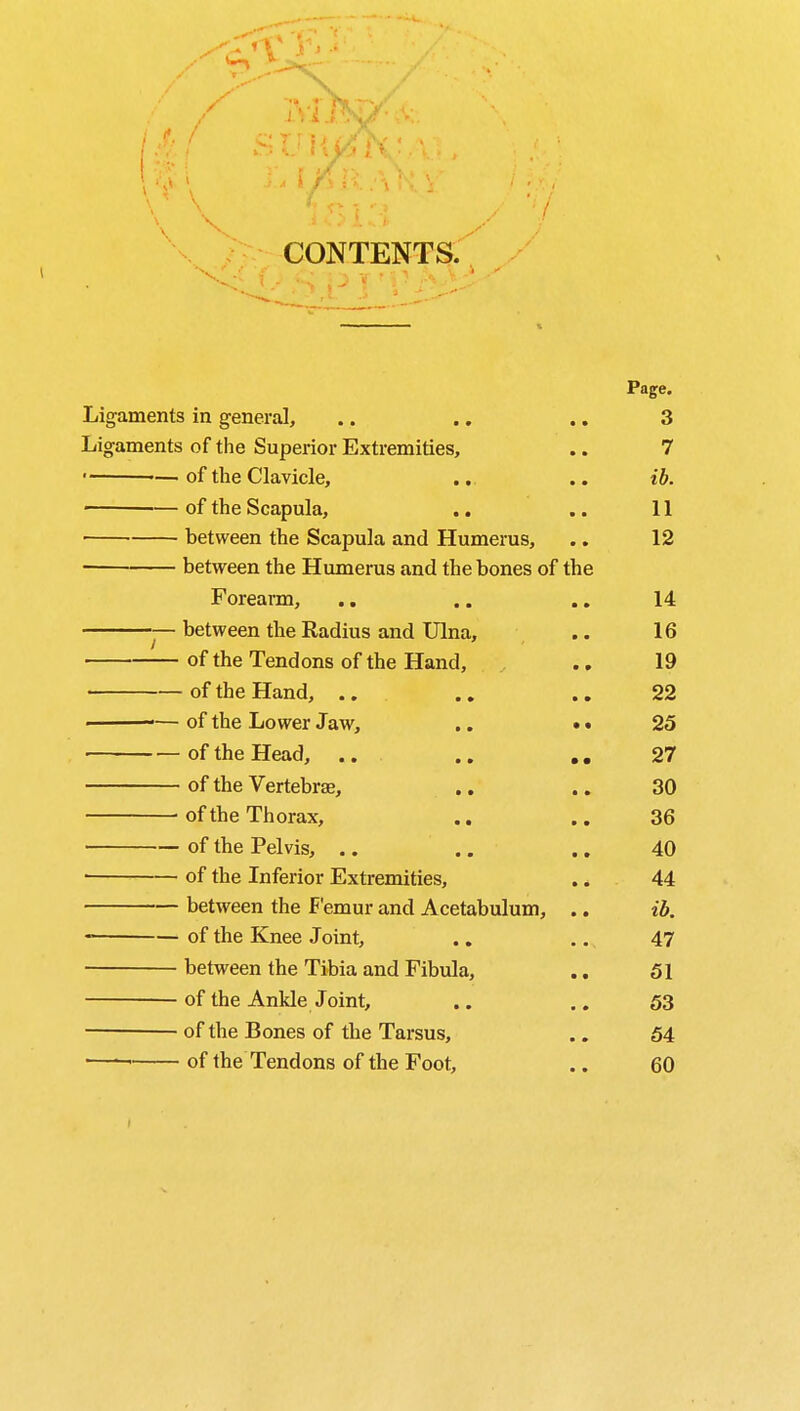 iVi CONTENTS. Page. Ligaments in general, .. .. .. 3 Ligaments of the Superior Extremities, .. 7 • •—of the Clavicle, .. .. ib. — of the Scapula, .. .. 11 between the Scapula and Humerus, .. 12 between the Humerus and the bones of the Forearm, .. .. .. 14 — between the Radius and Ulna, .. 16 of the Tendons of the Hand, .. 19 of the Hand, .. .. .. 22 . ■— of the Lower Jaw, .. • • 25 of the Head, .. .. .. 27 of the Vertebrae, .. .. 30 of the Thorax, .. .. 36 of the Pelvis, .. .. .. 40 of the Inferior Extremities, .. 44 between the Femur and Acetabulum, .. ib. - of the Knee Joint, .. .. 47 between the Tibia and Fibula, .. 51 of the Ankle Joint, .. .. 53 of the Bones of the Tarsus, .. 54 1 of the Tendons of the Foot, .. 60