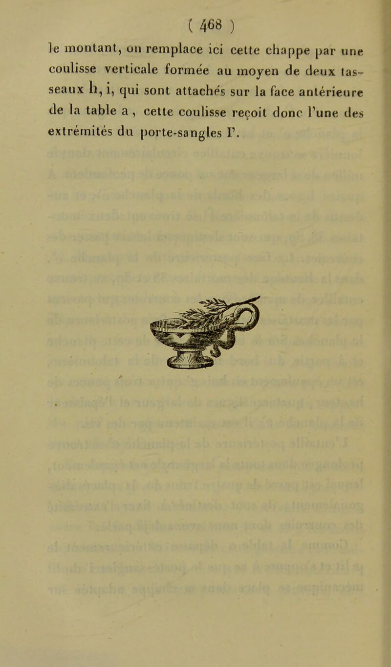 le montant, un remplace ici cette chappe par une coulisse verticale formée au moyen de deux tas- seaux h, i, qui sont attachés sur la face antérieure de la table a, cette coulisse reçoit donc Tune des extrémités du porte-sangles V.