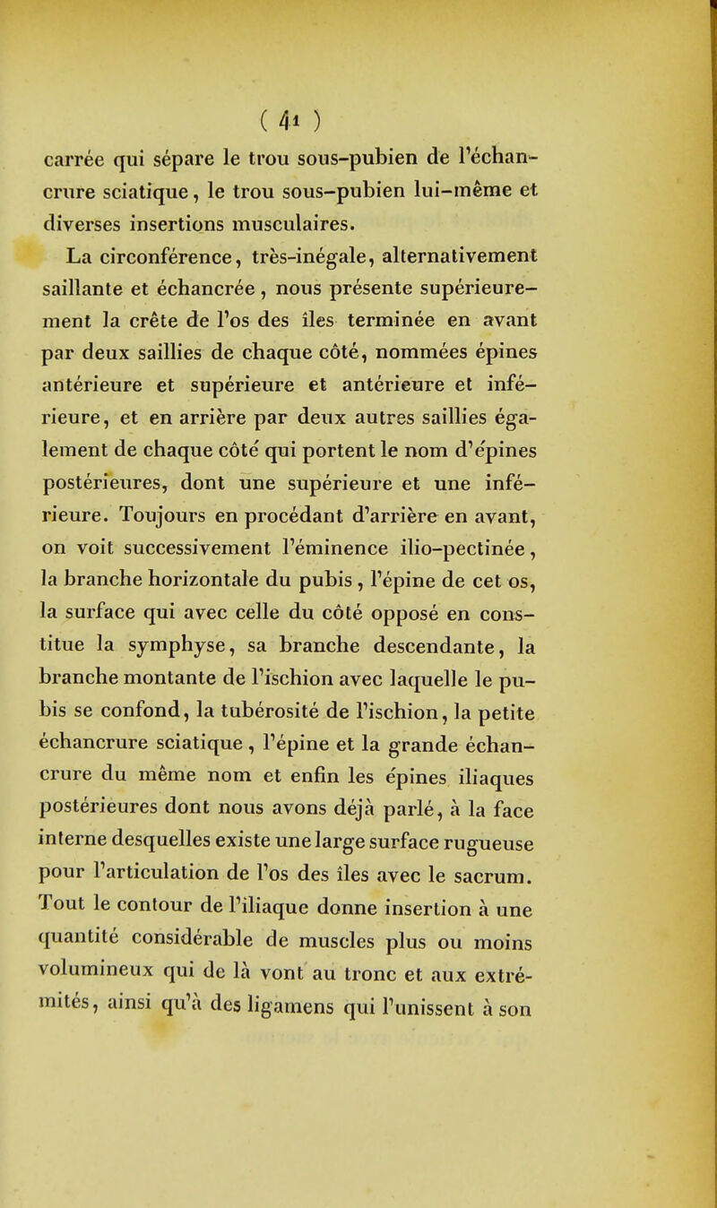 carrée qui sépare le trou sous-pubien de Téchan- crure sciatique, le trou sous-pubien lui-même et diverses insertions musculaires. La circonférence, très-inégale, alternativement saillante et échancrée, nous présente supérieure- ment la crête de Tos des îles terminée en avant par deux saillies de chaque côté, nommées épines antérieure et supérieure et antérieure et infé- rieure, et en arrière par deux autres saillies éga- lement de chaque côté qui portent le nom dVpines postérieures, dont une supérieure et une infé- rieure. Toujours en procédant d'arrière en avant, on voit successivement l'éminence ilio-pectinée, la branche horizontale du pubis , l'épine de cet os, la surface qui avec celle du côté opposé en cons- titue la symphyse, sa branche descendante, la branche montante de l'ischion avec laquelle le pu- bis se confond, la tubérosité de l'ischion, la petite échancrure sciatique, l'épine et la grande échan- crure du même nom et enfin les épines iliaques postérieures dont nous avons déjà parlé, à la face interne desquelles existe une large surface rugueuse pour l'articulation de l'os des îles avec le sacrum. Tout le contour de l'iliaque donne insertion à une quantité considérable de muscles plus ou moins volumineux qui de là vont au tronc et aux extré- mités, ainsi qu'à des ligamens qui l'unissent à son