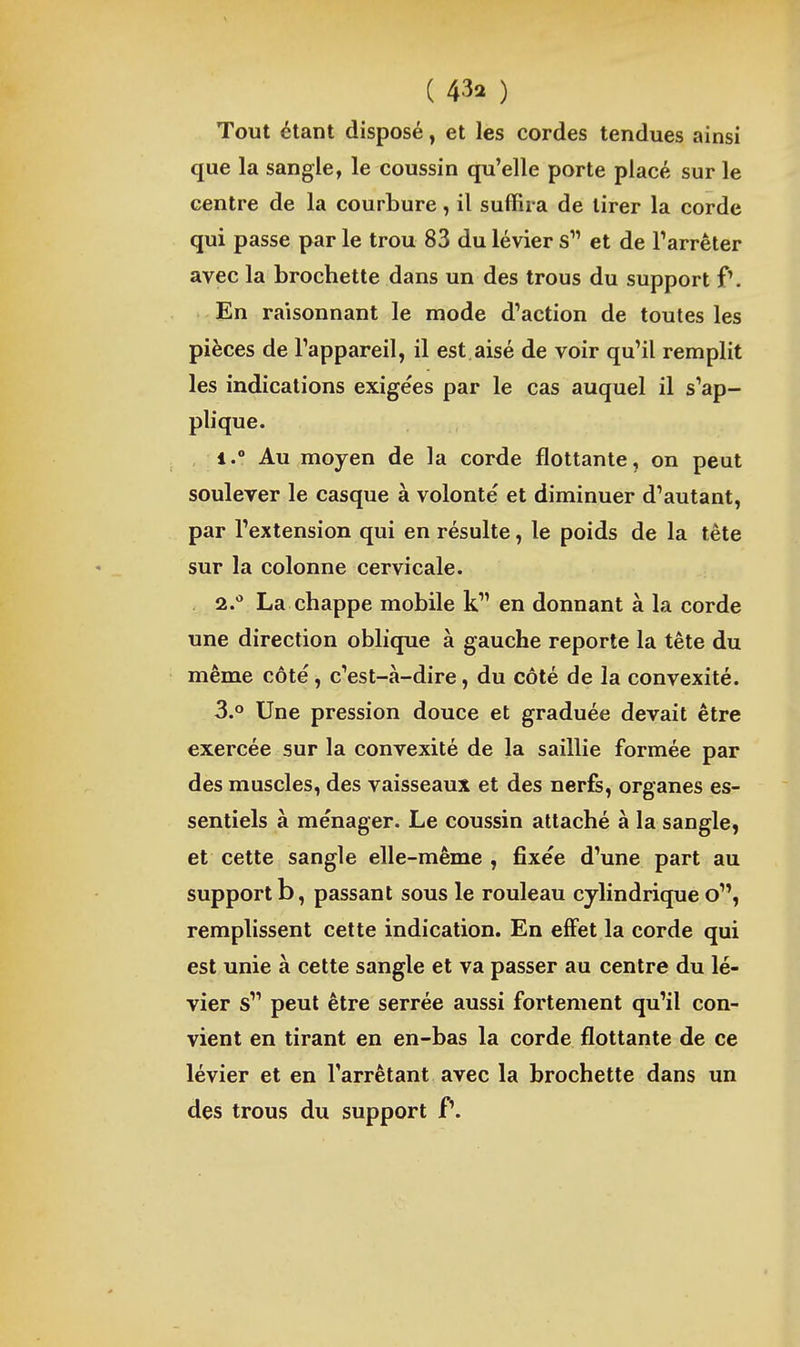 Tout étant disposé, et les cordes tendues ainsi que la sangle, le coussin qu'elle porte placé sur le centre de la courbure, il suffira de tirer la corde qui passe par le trou 83 du lévier s et de Tarrêter avec la brochette dans un des trous du support f\ En raisonnant le mode d'action de toutes les pièces de l'appareil, il est aisé de voir qu'il remplit les indications exigées par le cas auquel il s^ap- plique. 1. ° Au moyen de la corde flottante, on peut soulever le casque à volonté et diminuer d'autant, par l'extension qui en résulte, le poids de la tête sur la colonne cervicale. 2. La chappe mobile k en donnant à la corde une direction oblique à gauche reporte la tête du même côté, c'est-à-dire, du côté de la convexité. 3.0 Une pression douce et graduée devait être exercée sur la convexité de la saillie formée par des muscles, des vaisseaux et des nerfs, organes es- sentiels à ménager. Le coussin attaché à la sangle, et cette sangle elle-même , fixée d'une part au support b, passant sous le rouleau cylindrique o, remplissent cette indication. En effet la corde qui est unie à cette sangle et va passer au centre du lé- vier s peut être serrée aussi fortement qu'il con- vient en tirant en en-bas la corde flottante de ce lévier et en l'arrêtant avec la brochette dans un des trous du support f'.