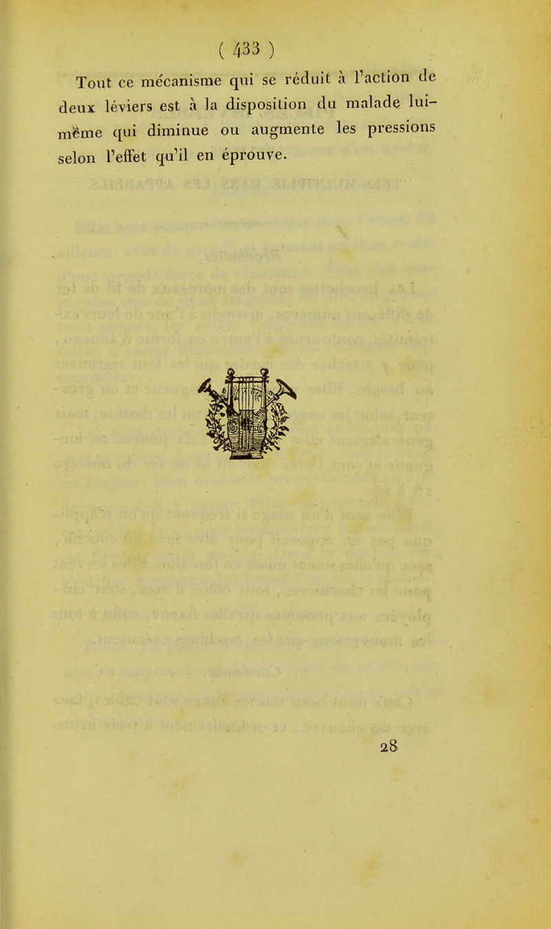 Tout ce mécanisme qui se réduit à Faction de deux léviers est à la disposition du malade lui- même qui diminue ou augmente les pressions selon l'effet qu'il en éprouve. 28