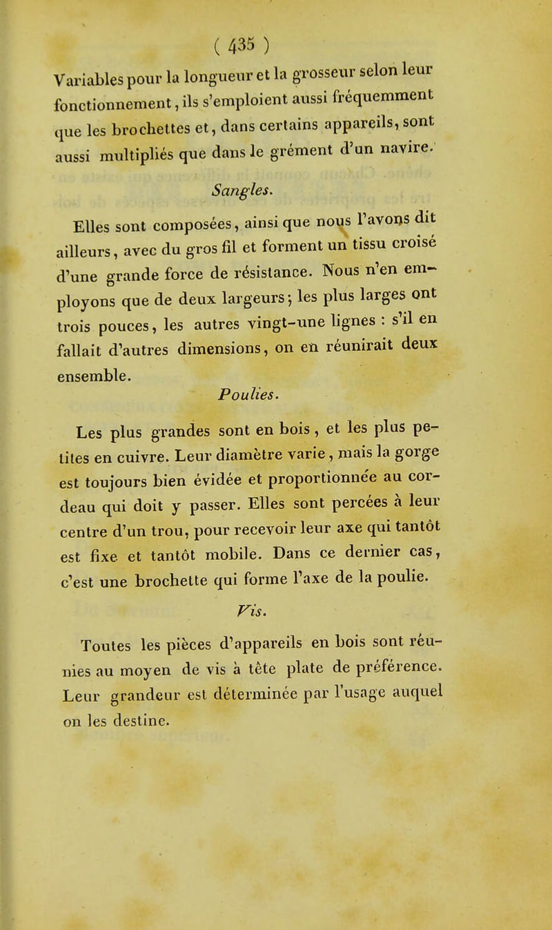 Variables pour la longueur et la grosseur selon leur fonctionnement, ils s'emploient aussi fréquemment que les brochettes et, dans certains appareils, sont aussi multipliés que dans le grément d'un navire. Sangles. Elles sont composées, ainsi que nous FavoDS dit ailleurs, avec du gros fil et forment un tissu croisé d'une grande force de résistance. Nous n'en em- ployons que de deux largeurs j les plus larges ont trois pouces, les autres vingt-une lignes : s'il en fallait d'autres dimensions, on en réunirait deux ensemble. Poulies. Les plus grandes sont en bois, et les plus pe- tites en cuivre. Leur diamètre varie, mais la gorge est toujours bien évidée et proportionne'e au cor- deau qui doit y passer. Elles sont percées à leur centre d'un trou, pour recevoir leur axe qui tantôt est fixe et tantôt mobile. Dans ce dernier cas, c'est une brochette qui forme l'axe de la poulie. Fis. Toutes les pièces d'appareils en bois sont réu- nies au moyen de vis à tête plate de préférence. Leur grandeur est déterminée par l'usage auquel on les destine.